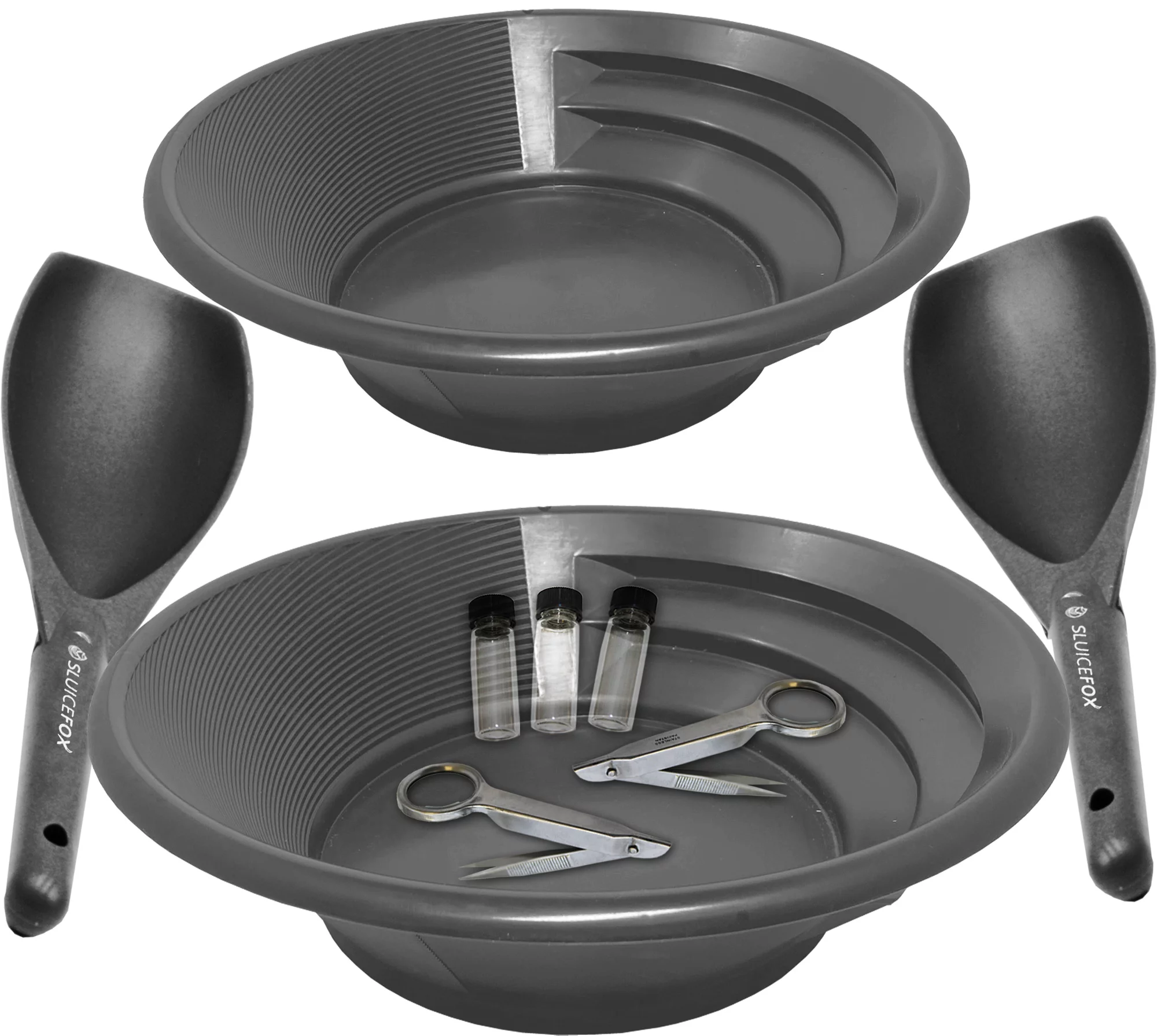 Sluice Fox Gold panning kit for two; Two black gold pans with gold trap and dual riffles, two plastic gold paydirt shovels, two stainless steel magnifying tweezers, and three glass gold storage vials
