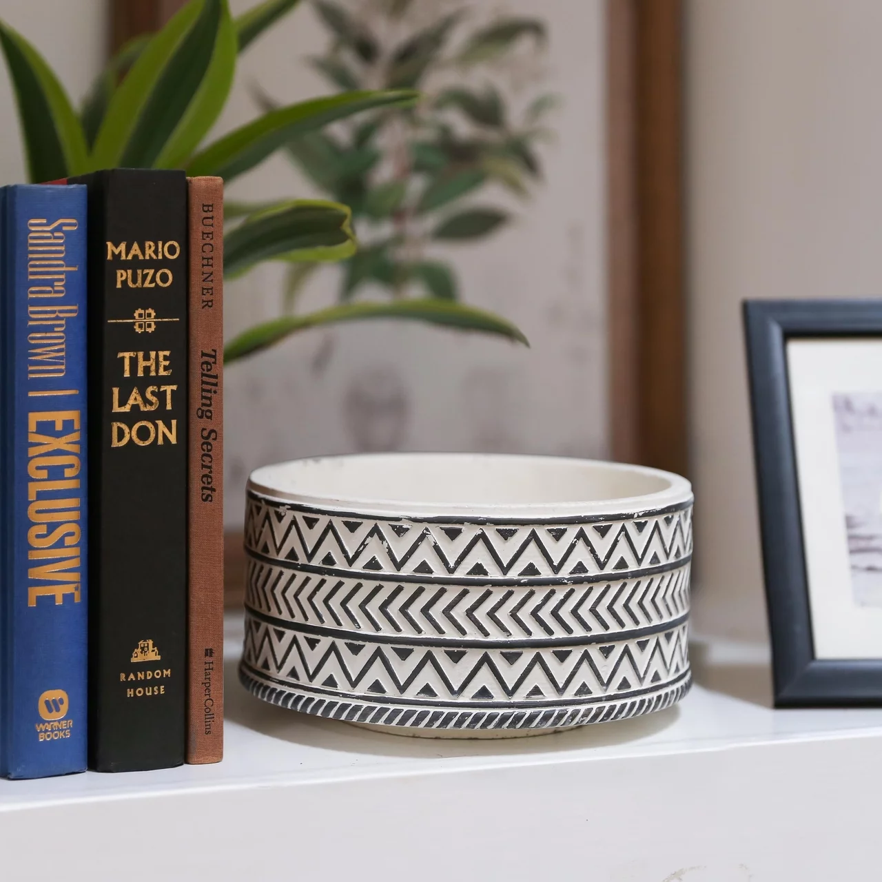 Ceramic Wide Round Pot with Painted Black Embossed Lattice Chevron Design Body and Tapered Bottom Large Washed Finish