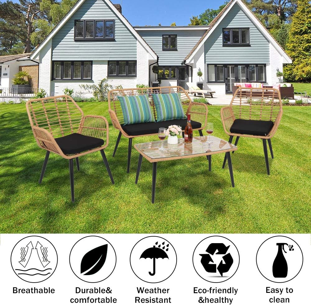 4-Piece Patio Furniture Set  Outdoor Bistro Set  All Weather Rattan Conversation Set Chair and Table Set for Backyard Balcony Deck