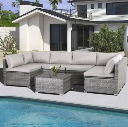 7-Piece Modular Outdoor Patio Furniture Set, PE Rattan Wicker Sectional Sofa with Thick Cushions and Coffee Table, Perfect for Yard, Deck, Balcony, or Poolside