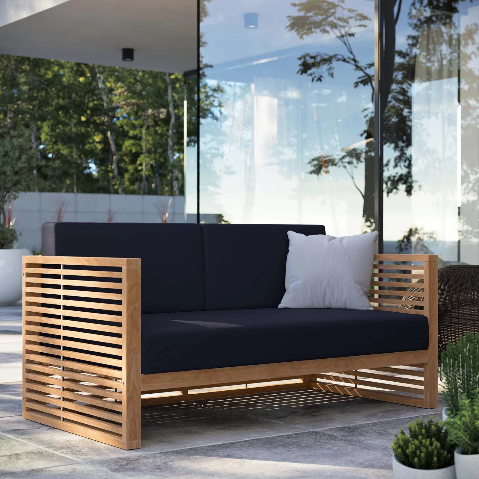 Lounge Loveseat Sofa, Blue Navy Natural, Teak Wood, Fabric, Modern Contemporary, Outdoor Patio Balcony Cafe Bistro Garden Furniture Hotel Hospitality