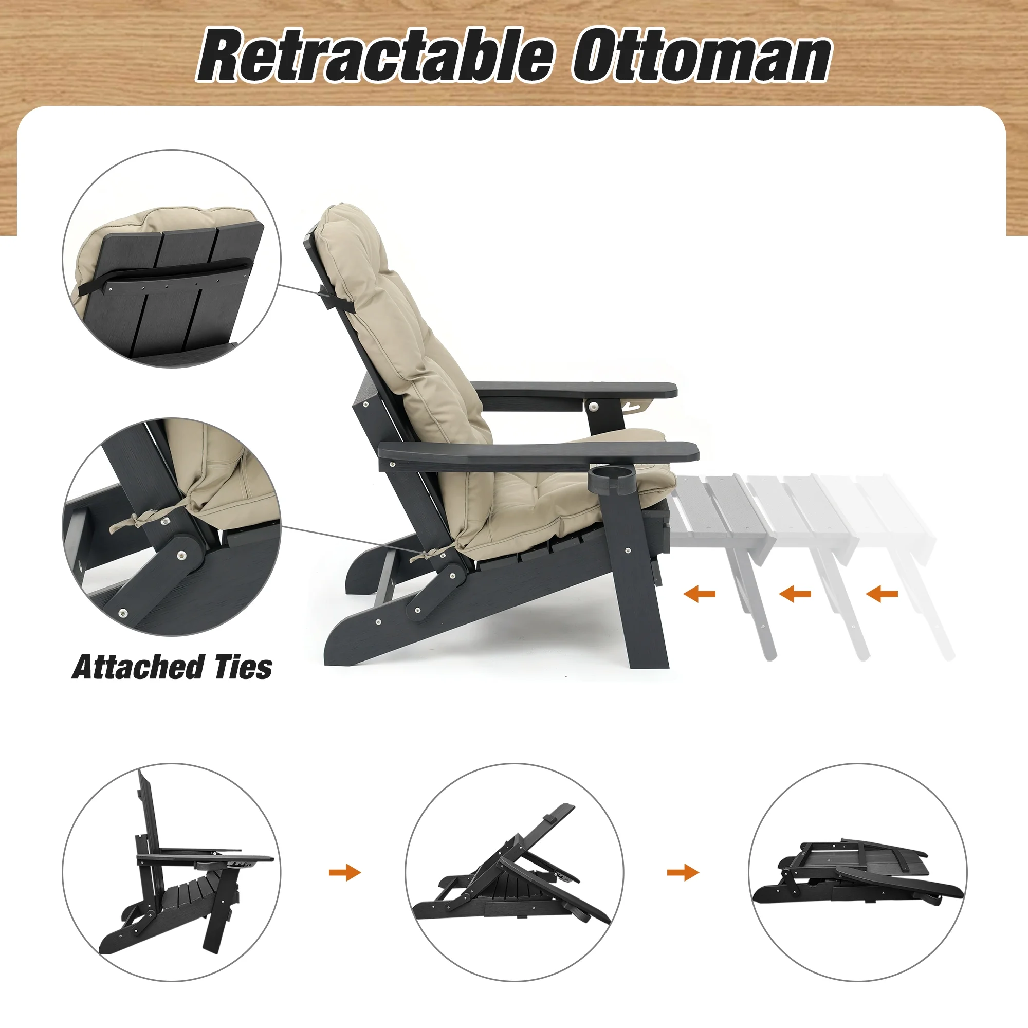 Innovaze Poly Lumber Plastic Folding Adirondack Chair with Cup Holders, Ottoman and Cushion, Heavy Duty 700 LBS, Black