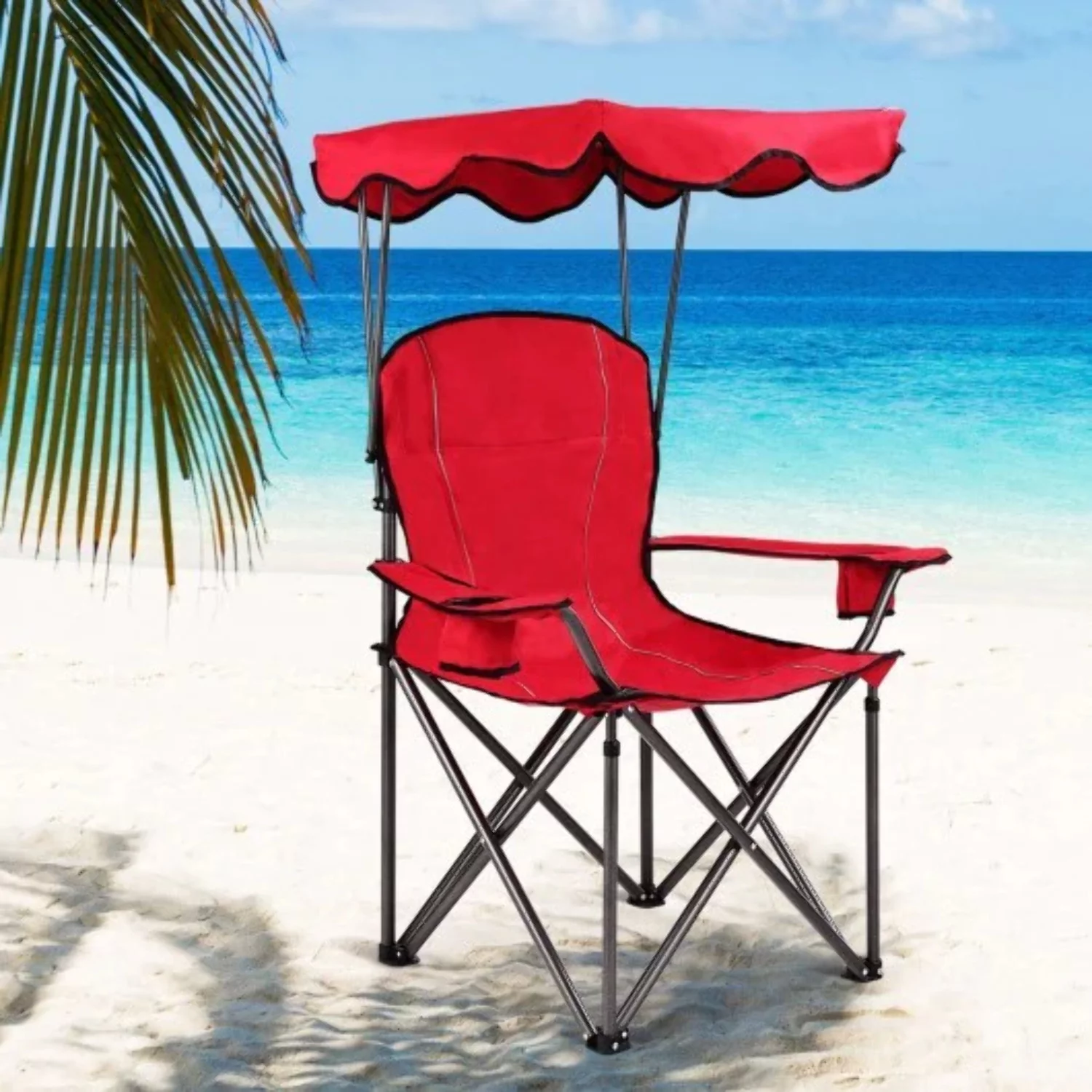 Portable Folding Beach Canopy Chair with Cup Holders-Red - Color: Red