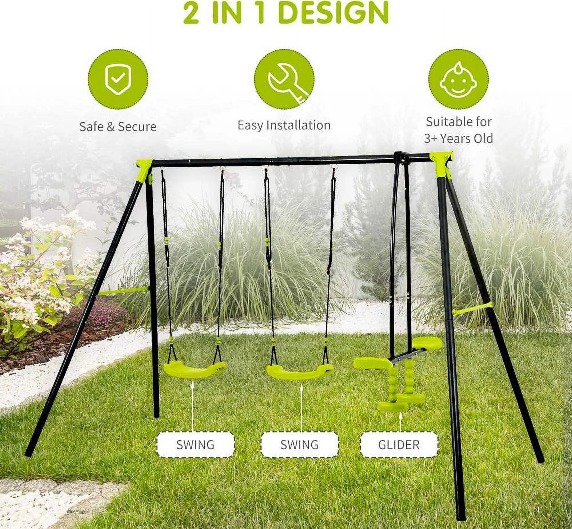 interesting triple children metal safe swing set 440lbs for outdoor playground three seat swing black and green for age 3+
