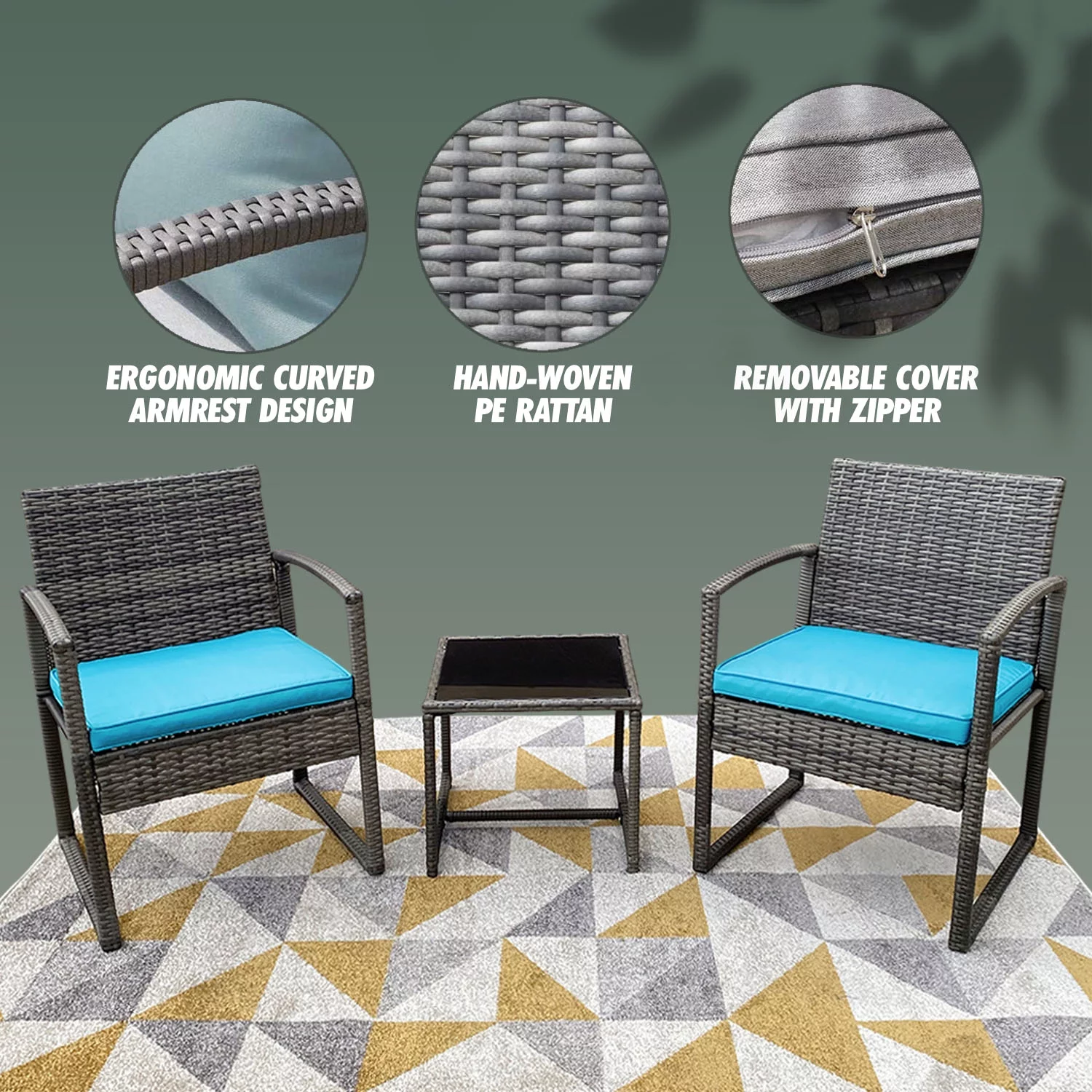 Grace 3-Piece Modern Rattan Patio Furniture Set -Two Plush Cushioned Chairs With Solid Glass Coffee Table - Light Blue