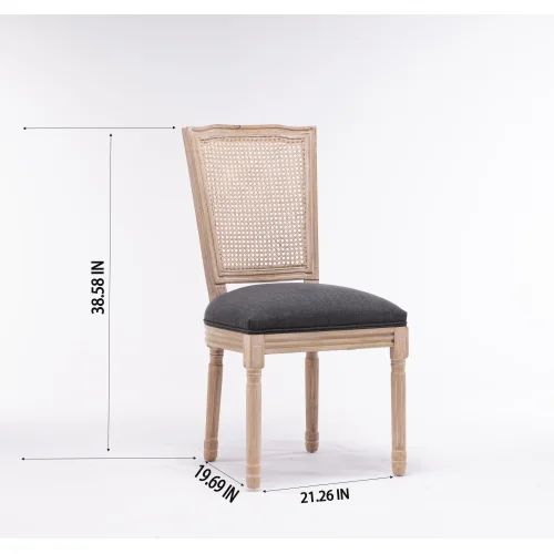 French Style Solid Wood Frame Antique Painting Linen Fabric Square Rattan Back Dining Chair,Set of 2,Dark Grey