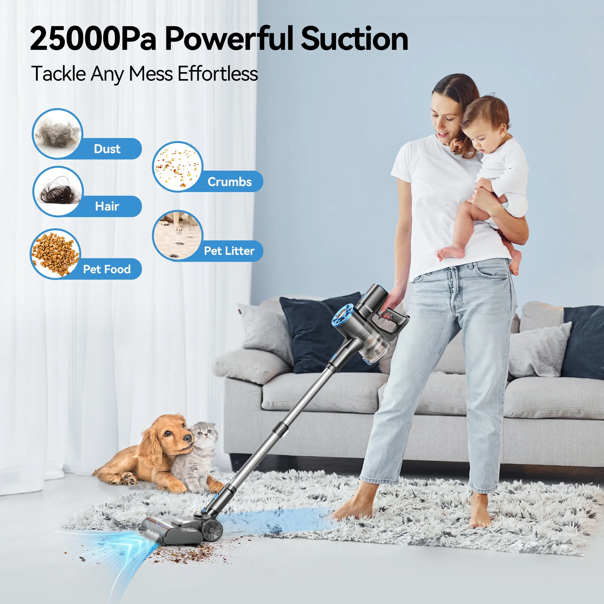 TASVAC Cordless Vacuum Cleaner, 25Kpa Powerful Vacuum with 40 Mins Runtimes, Stick Vacuum Cleaners for Home