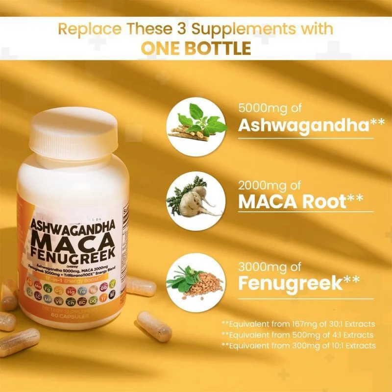 Ashwagandha 5000mg Maca Root 2000mg Fenugreek 3000mg Supplement with Tongkat Ali Ginseng - Assists with Stress, Mood & Thyroid Health - Ashwagandha Capsules Maca Pills Fenugreek Caps - 60 Count