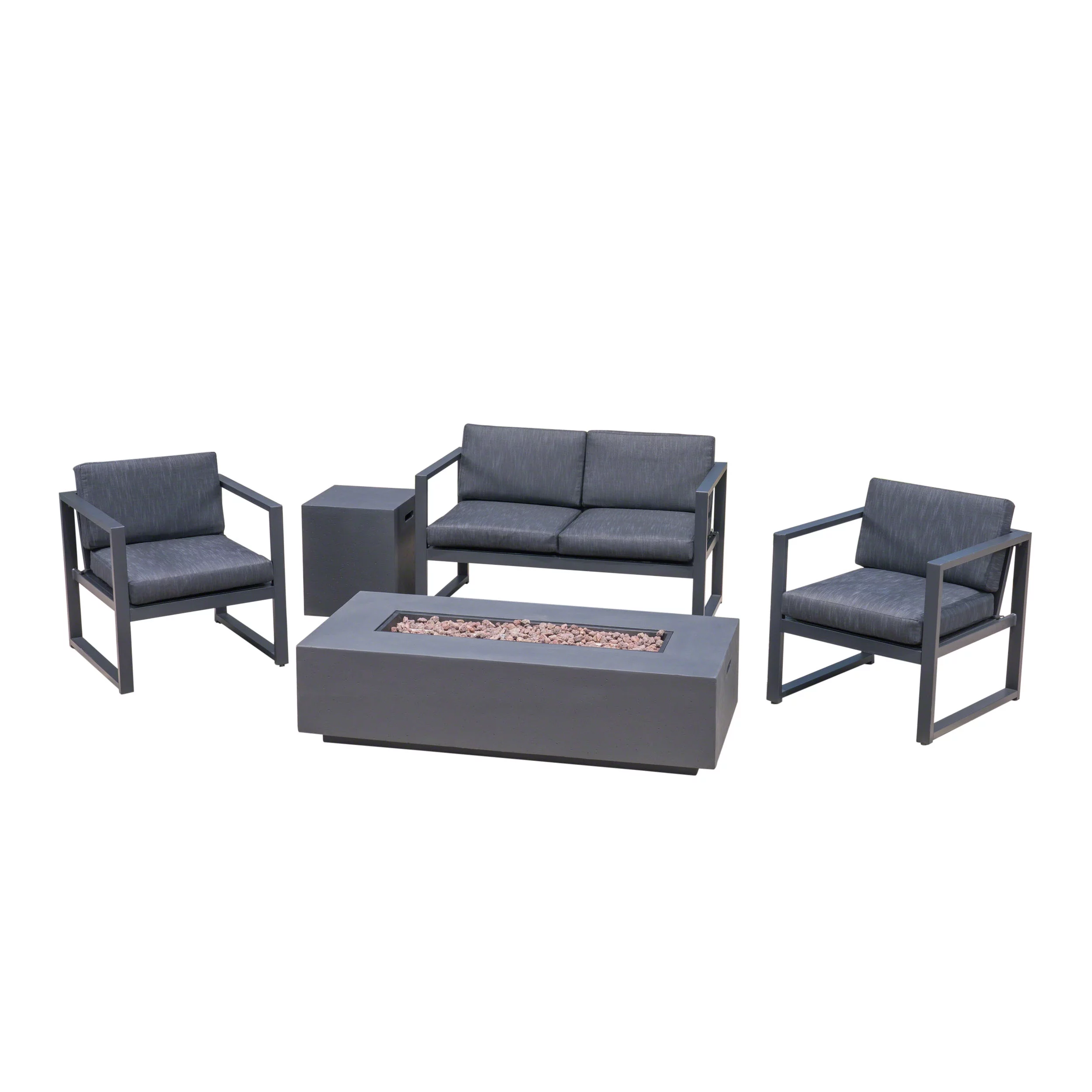 GDF Studio Noah Outdoor Aluminum 4 Seater Chat Set with Fire Pit, Dark Gray and Black