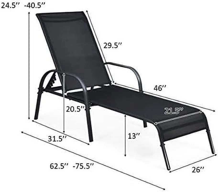 LNSETGC Patio Lounge Chair  Outdoor Chaise Lounge with 5 Adjustable Backrest  Sturdy Steel Frame  Sunbathing Recliner  Beach Chair  Tanning Chair for Outside  Yard  Balcony  Pool Chairs