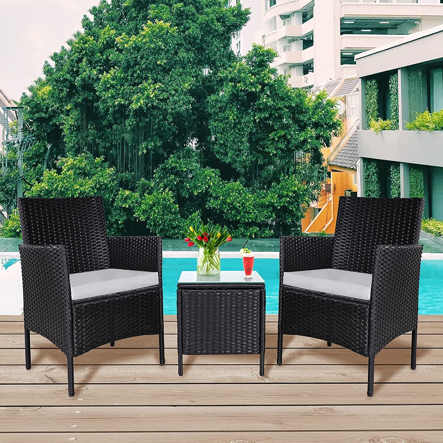 RSJIWOGZ 3 Piece Patio Chairs for Outdoor  Black Wicker Chair  Small Patio and Front Porch    with Glass Top Coffee  Patio  (Brown Thickened Cushion)