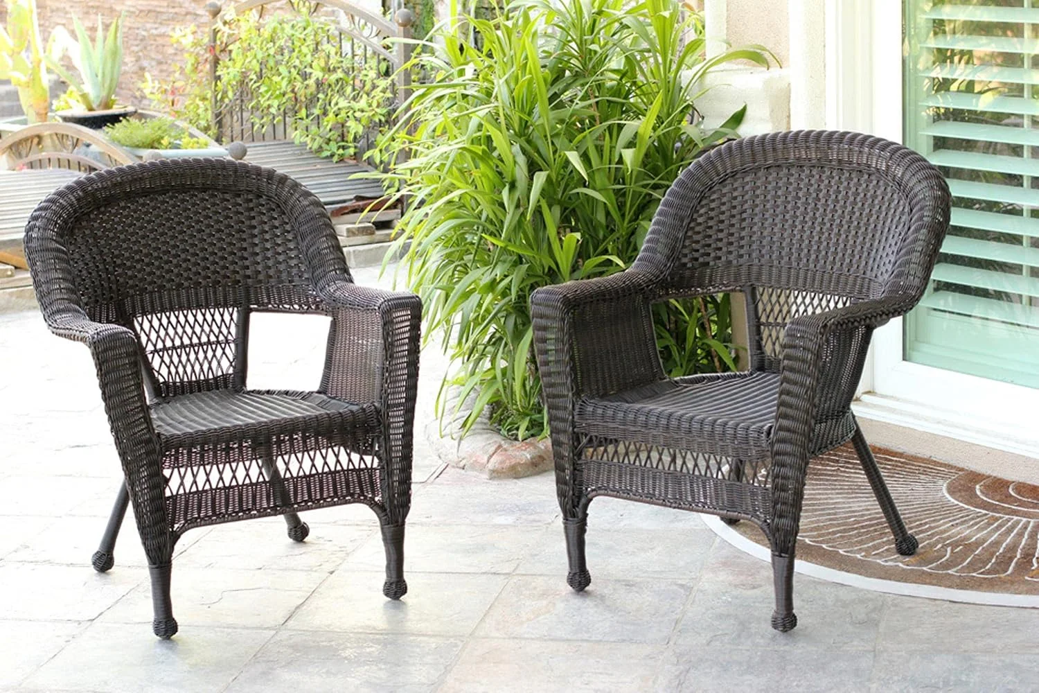 Wicker Chair With Black Cushion, Set Of 2, Espresso