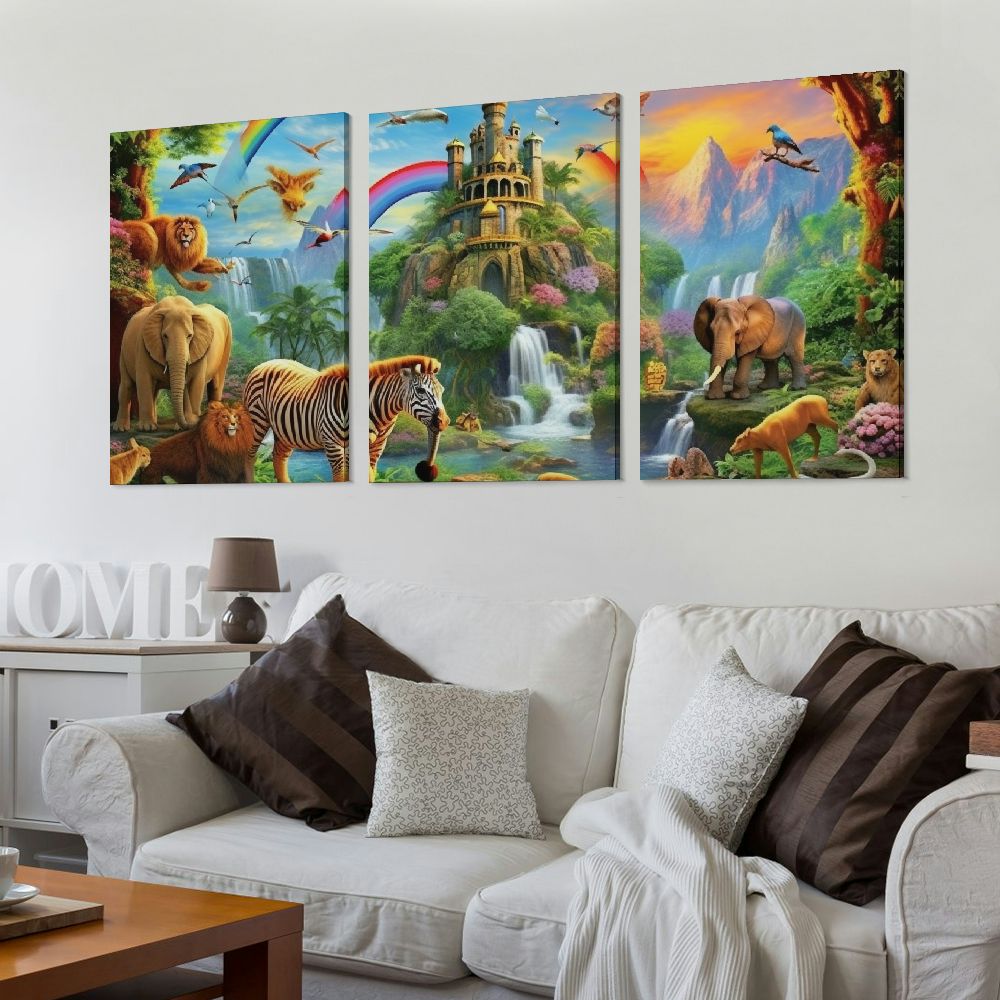 Jiayy Animals Forest Waterfall Art Wall Decor Canvas Print 12x16in x3 12x16x3pcs