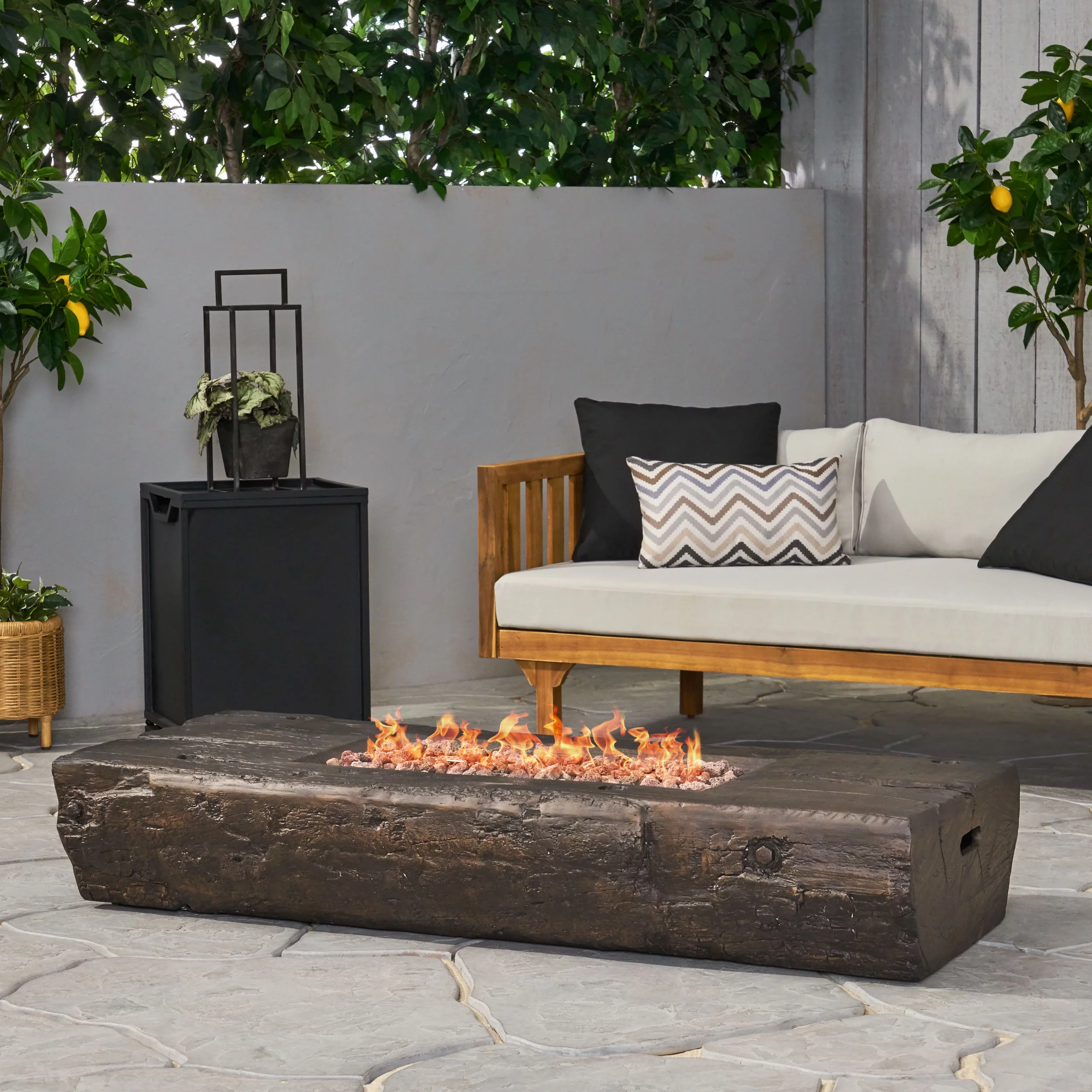 GDF Studio Carolina Outdoor 40,000 BTU Wood Finished Lightweight Concrete Fire Pit with Tank Holder, Brown and Black