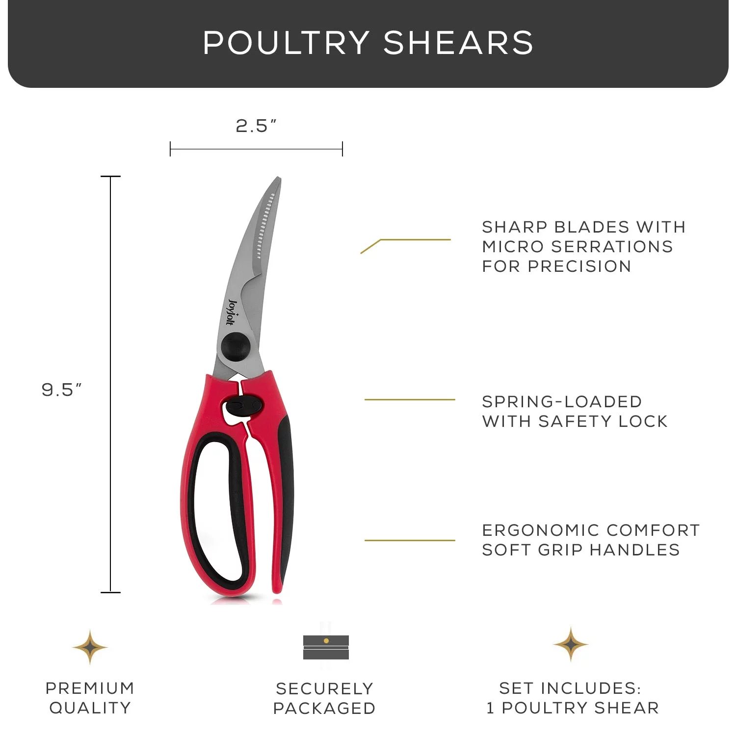 JoyJolt Multi Purpose Poultry Shears with Sharp Precision Blades and Ergonomic Handles - Red/Black