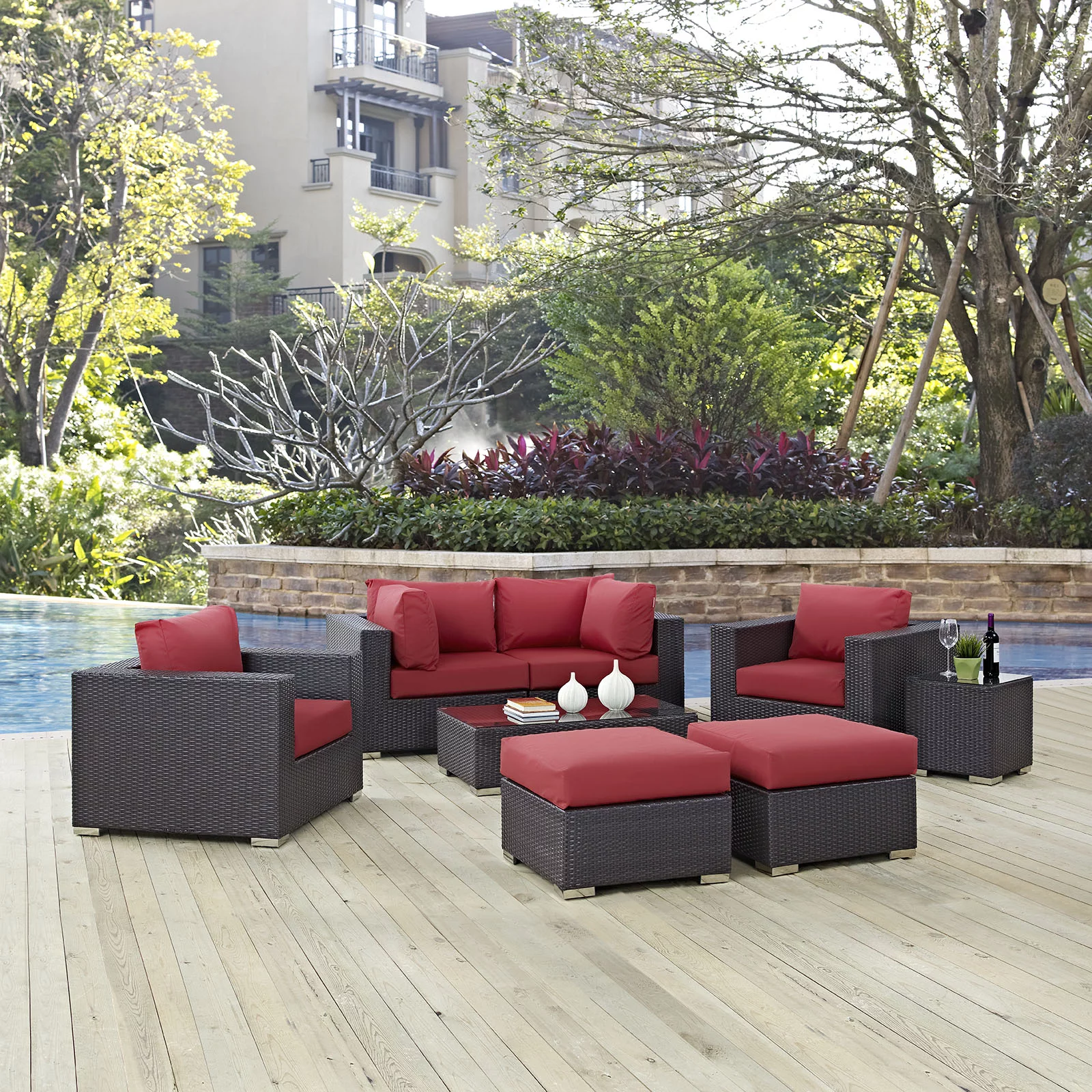 Modern Contemporary Urban Design Outdoor Patio Balcony Eight PCS Sectional Sofa Set, Red, Rattan