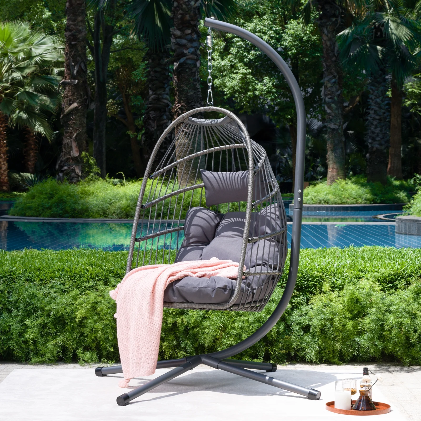 Crtynell Outdoor Egg Hanging Chair with Stand, Patio Wicker Swing Egg Chair Indoor Swinging Chair Outdoor Hammock Egg Chair