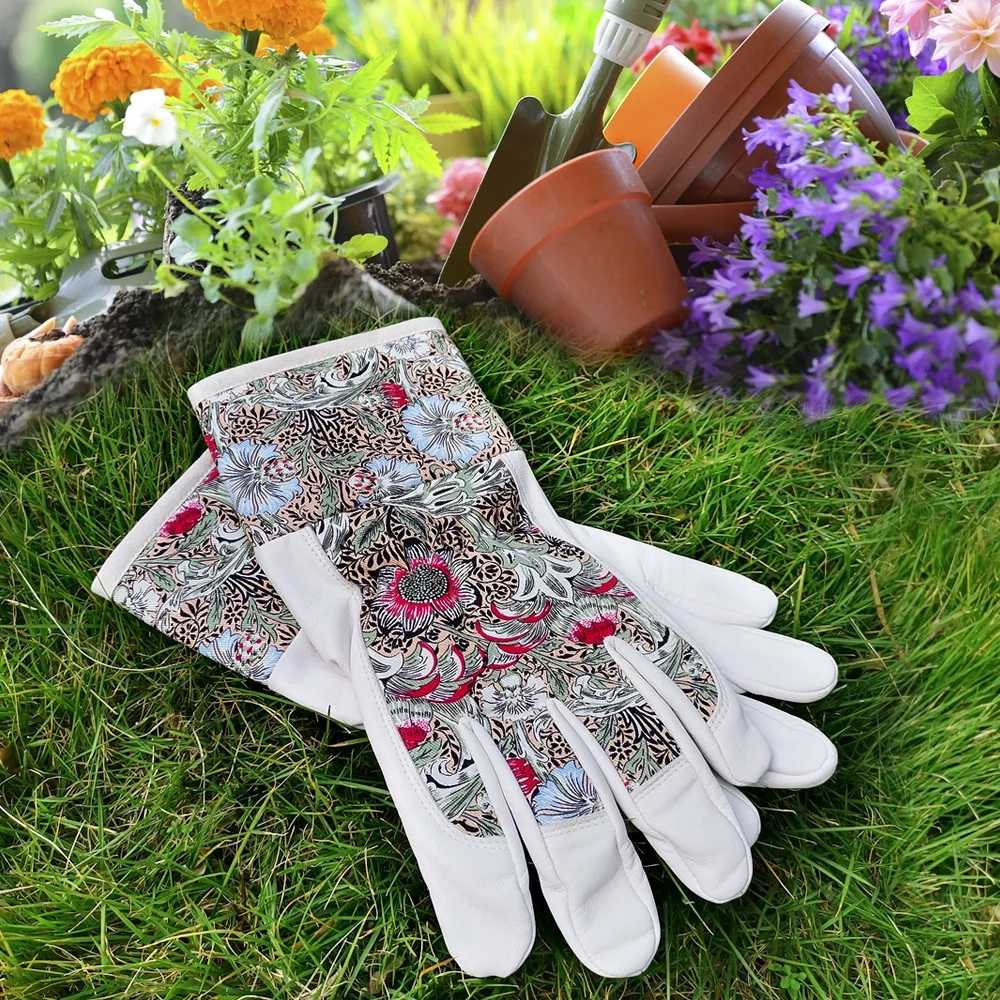 Lady Gardening Work Gloves, Premium Goat Leather Palm, Soft, Snug, Women Medium Size, Safety Cuff Protect The Wrist