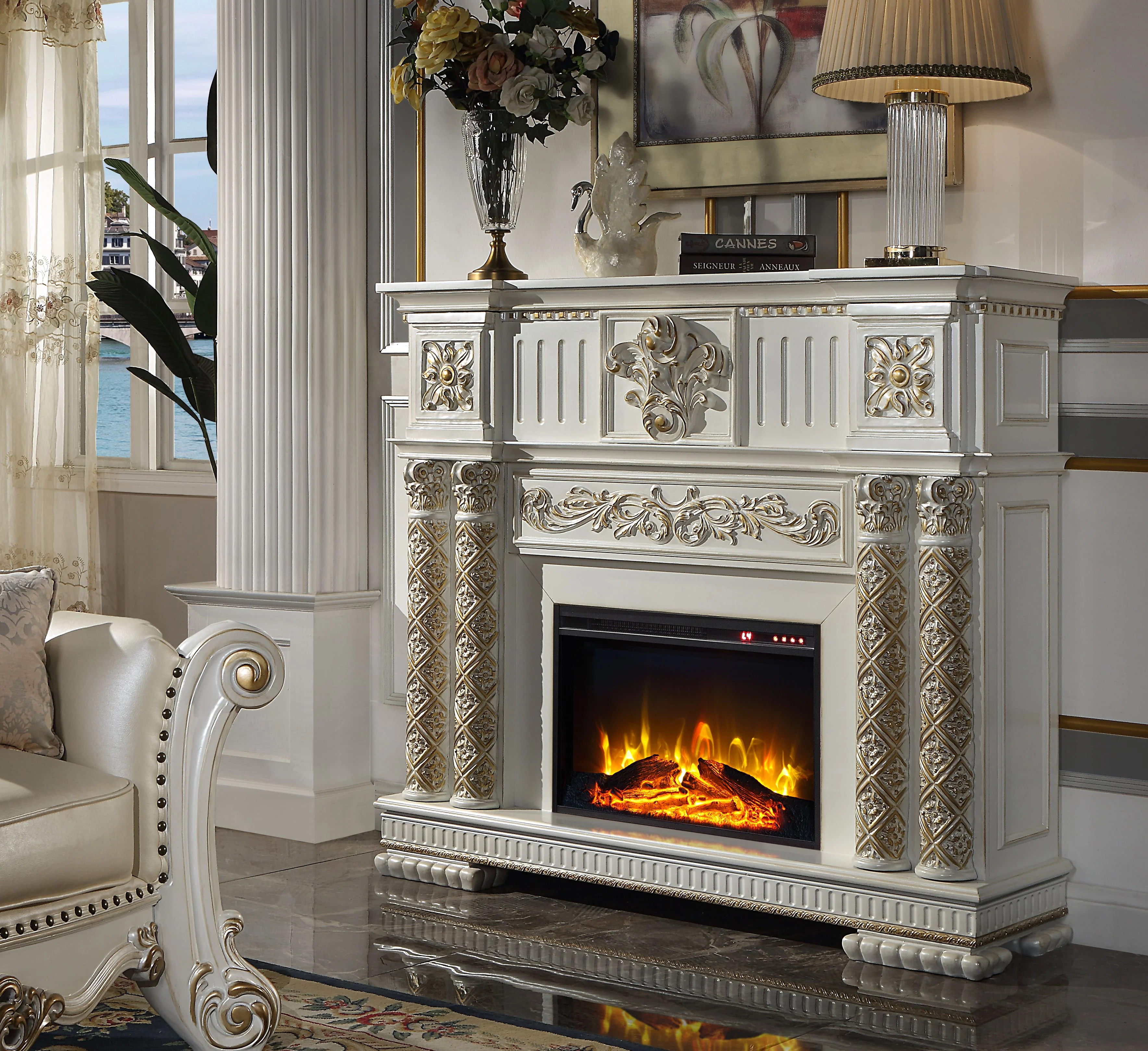 ACME Vendome Fireplace in Antique Pearl Finish