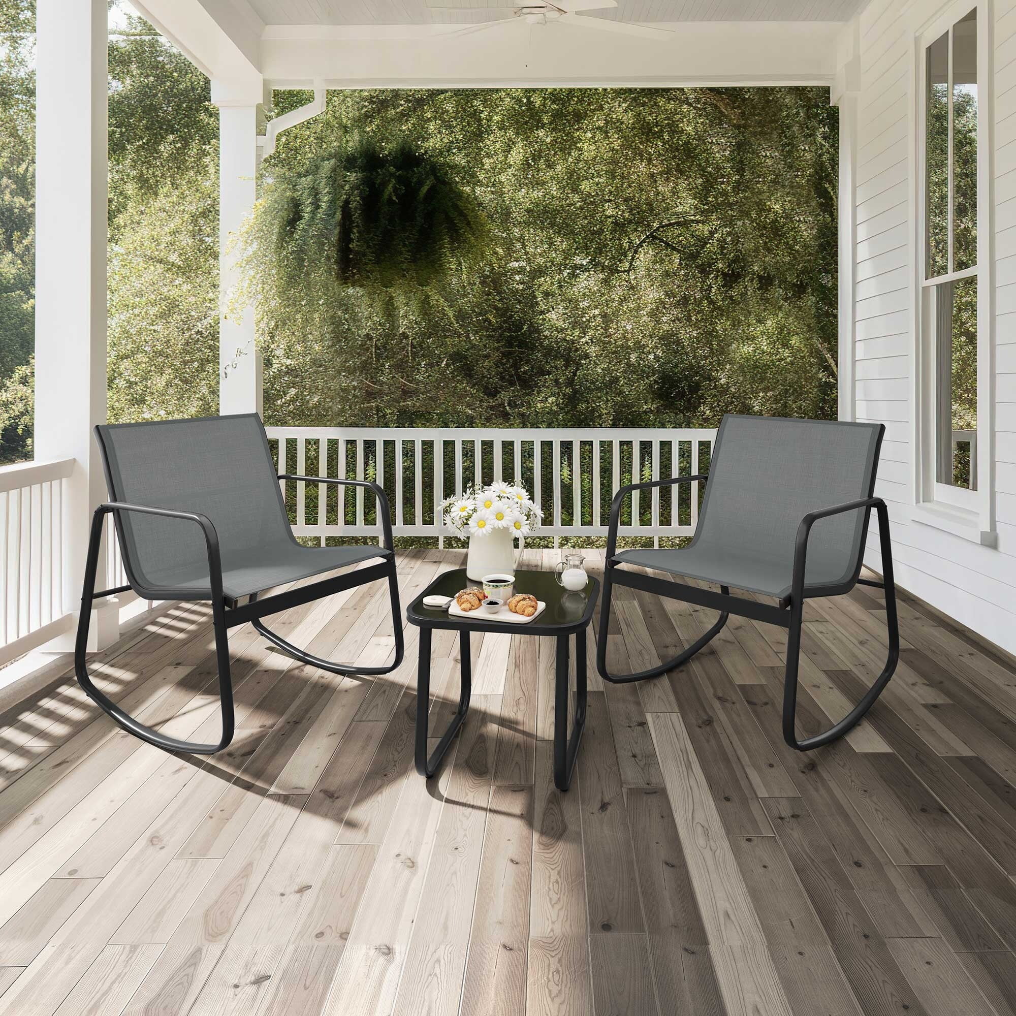 Mcferran's Inc Moasis 3 Piece Rocking Patio Furniture Bistro Set with Chairs and Glass Table Grey