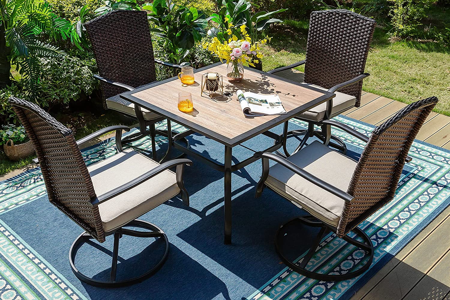 VALLEY Patio Dining Set 5 PCS C Spring Outdoor Dining Sets Wicker Patio Chairs with Cushion 37\u201Dx37\u201Dx28\u201DSquare Table 1.57" Umbrella Hole for Outdoor Kitchen Lawn Garden.