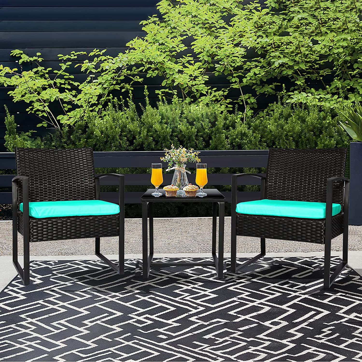 xrboomlife 3 Piece Wicker Outdoor Patio    PE Rattan Chair w/Coffee Table  Small Modern Conversation Sets Clearance for Front Porch  Balcony  Garden  Lawn (Blue Cushion) (HG020183-Blue)