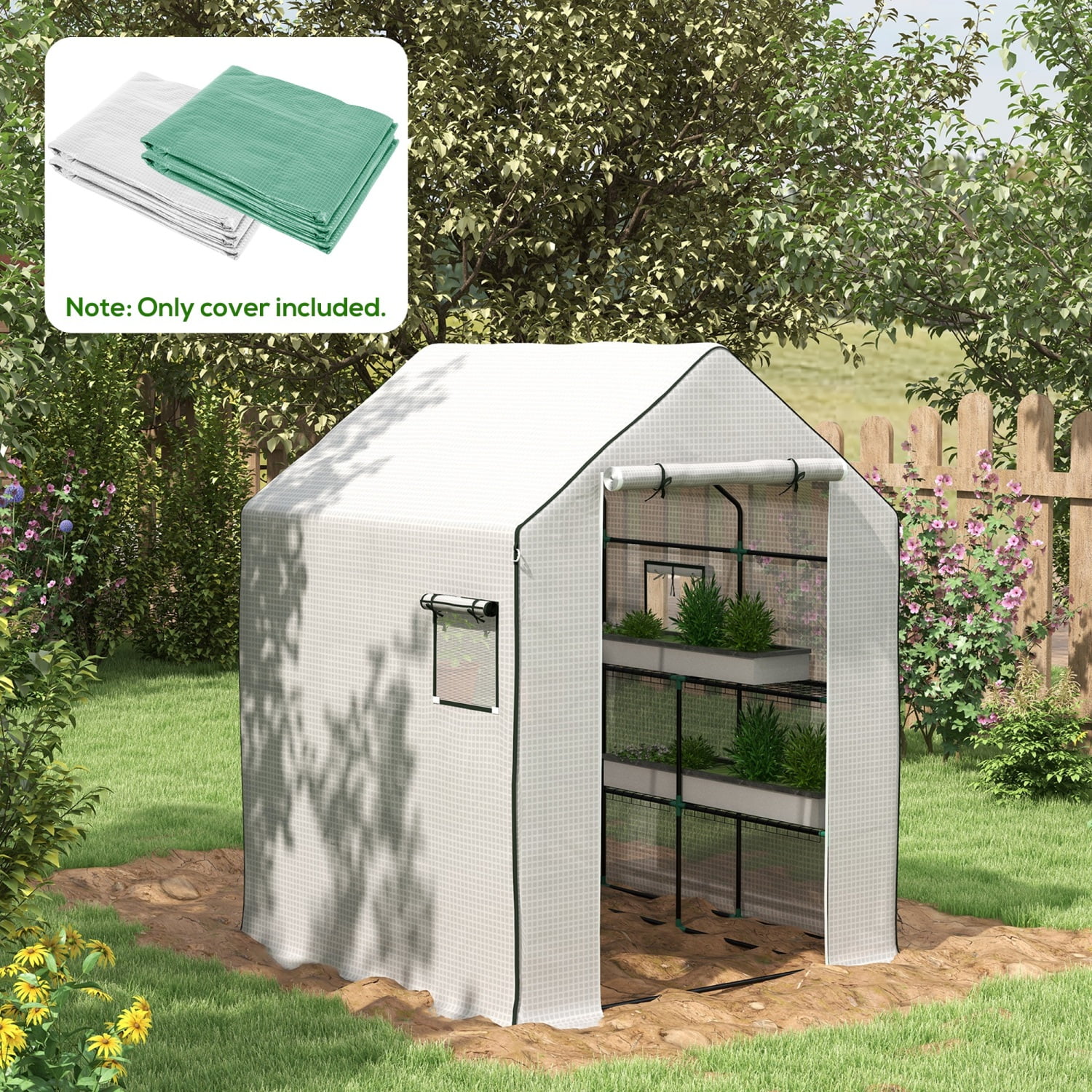 YPDCHB 2 Pieces Walk-in Greenhouse Replacement Cover for 01-0472 w/ Roll-up Door and Mesh Windows  55”x56.25”x74.75” Reinforced Anti-Tear PE Hot House Cover (Frame Not Included)   and Gre