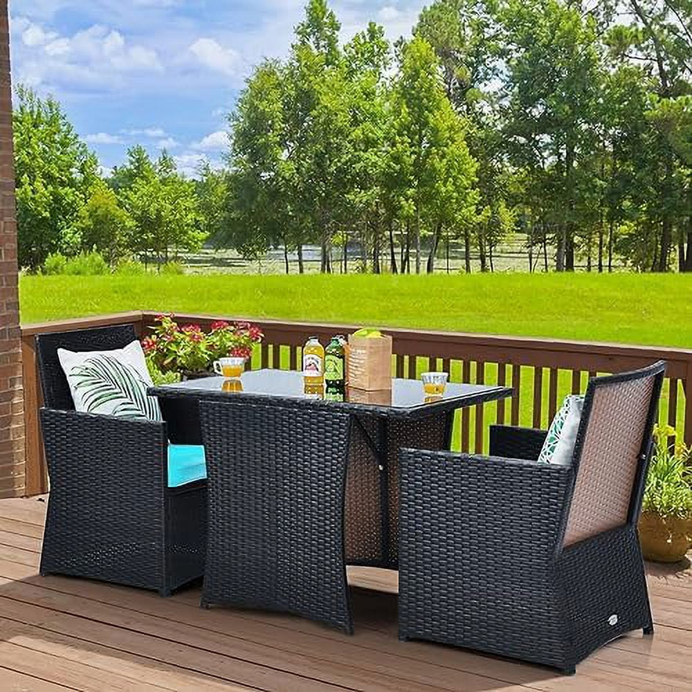 HYHBIBOOM 3 Pieces Patio Dining Set  Outdoor Rattan  with Cushions  Tempered Glass Tabletop  Wicker Conversation Set for Garden Backyard Poolside Porch  White