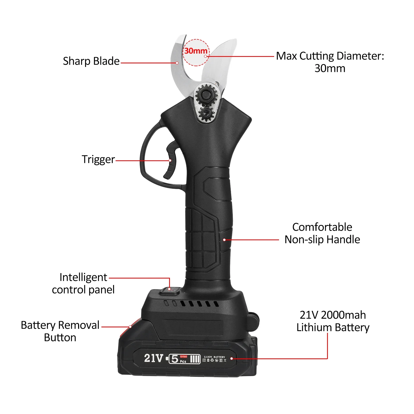 OWSOO Electric scissors,Pruner Clippers 30mm Handheld Shears With 30mm Max Diameter Branch PrunerBattery Powered Portable Handheld 2000mahBattery Carry Case Pruner Battery Carry
