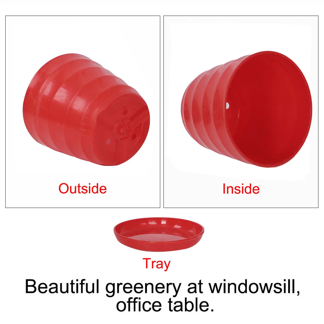 Uxcell Red Plastic Stripe Pattern  Home Garden Office Plant Flower Pot w Tray