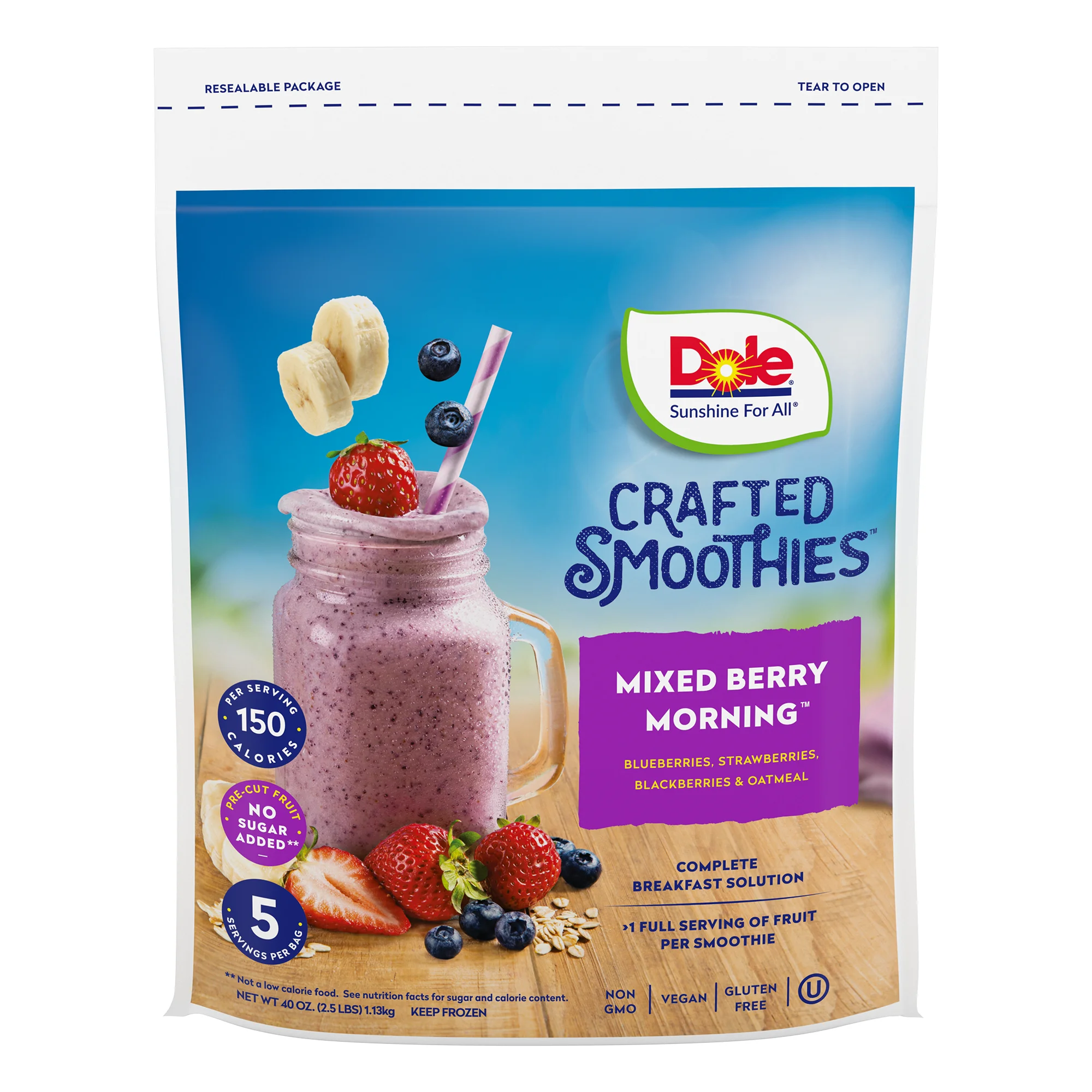 Dole Crafted Smoothie Blends Frozen Mixed Berry Oatmeal Blend, 40 oz