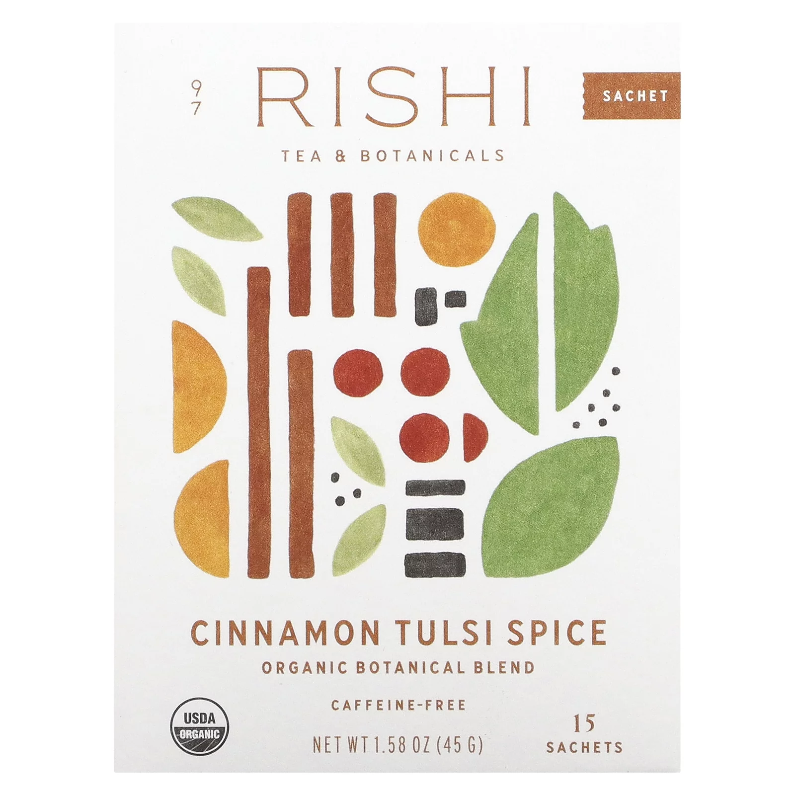 Rishi Tea Cinnamon Tulsi Spice, Caffeine-Free, 15 Sachets 1.58 oz (45 g)