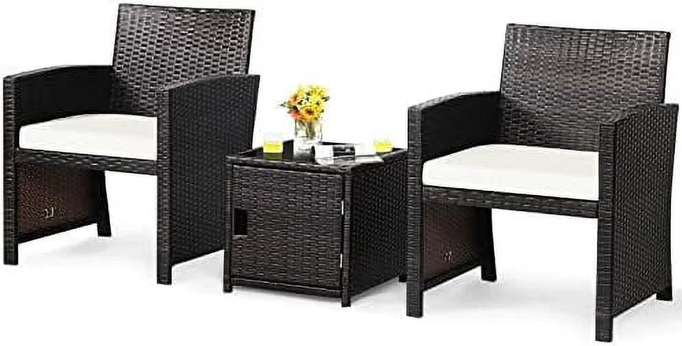 xrboomlife 3 Piece Outdoor   PE Wicker Patio Conversation Set with Side  Table with Door  Soft Cushions and Protective Cover  Outdoor Sofa and Table Set