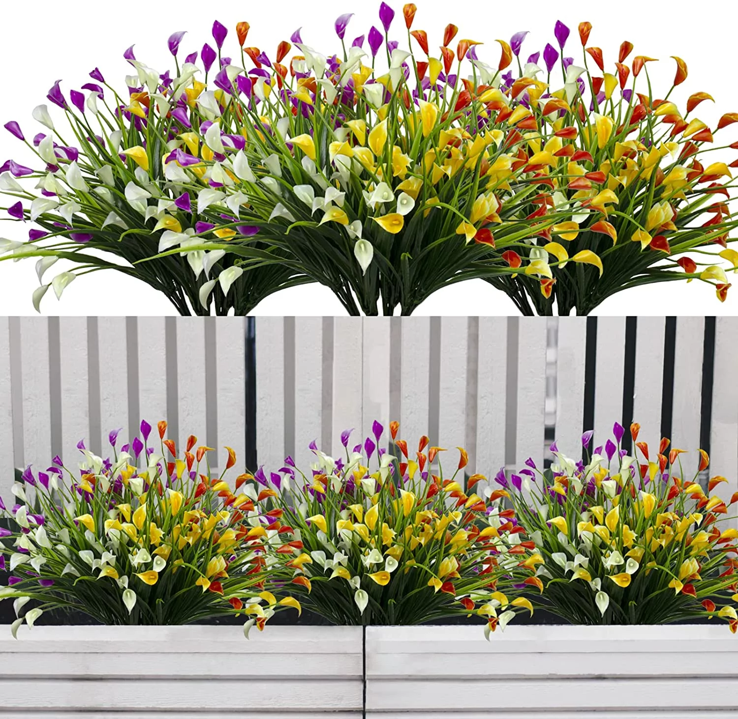 Artificial Flower Fake Calla Lily Outdoor UV Resistant Flowers Plastic Plants Faux Shrub Greenery Decoration Home Hanging Planter Porch Window Box Garden Décor(Mixcolor)
