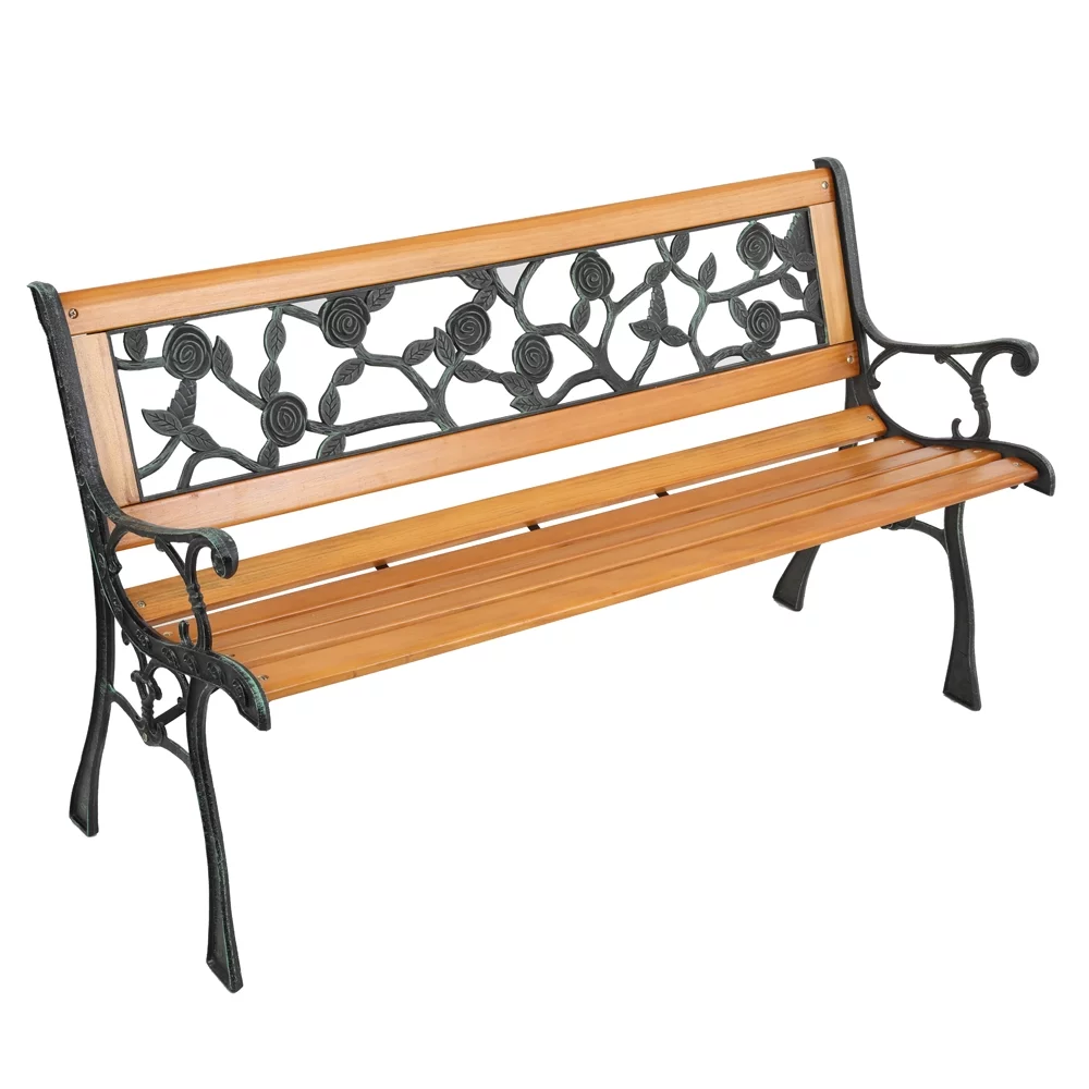 49 Outdoor Garden Bench Patio Porch Chair Deck Hardwood Cast Iron Love Seat with Rose Style Back - Durable, Stylish, Comfortable - Perfect for Relaxing in Your Garden or Patio
