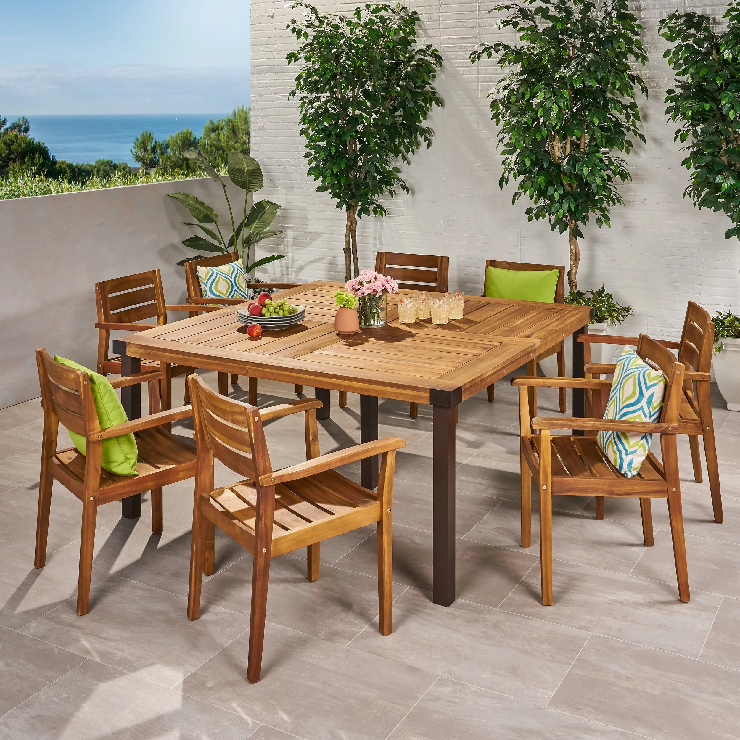 Emmitt Outdoor 8 Seater Acacia Wood Dining Set, Teak Finish, Rustic Metal