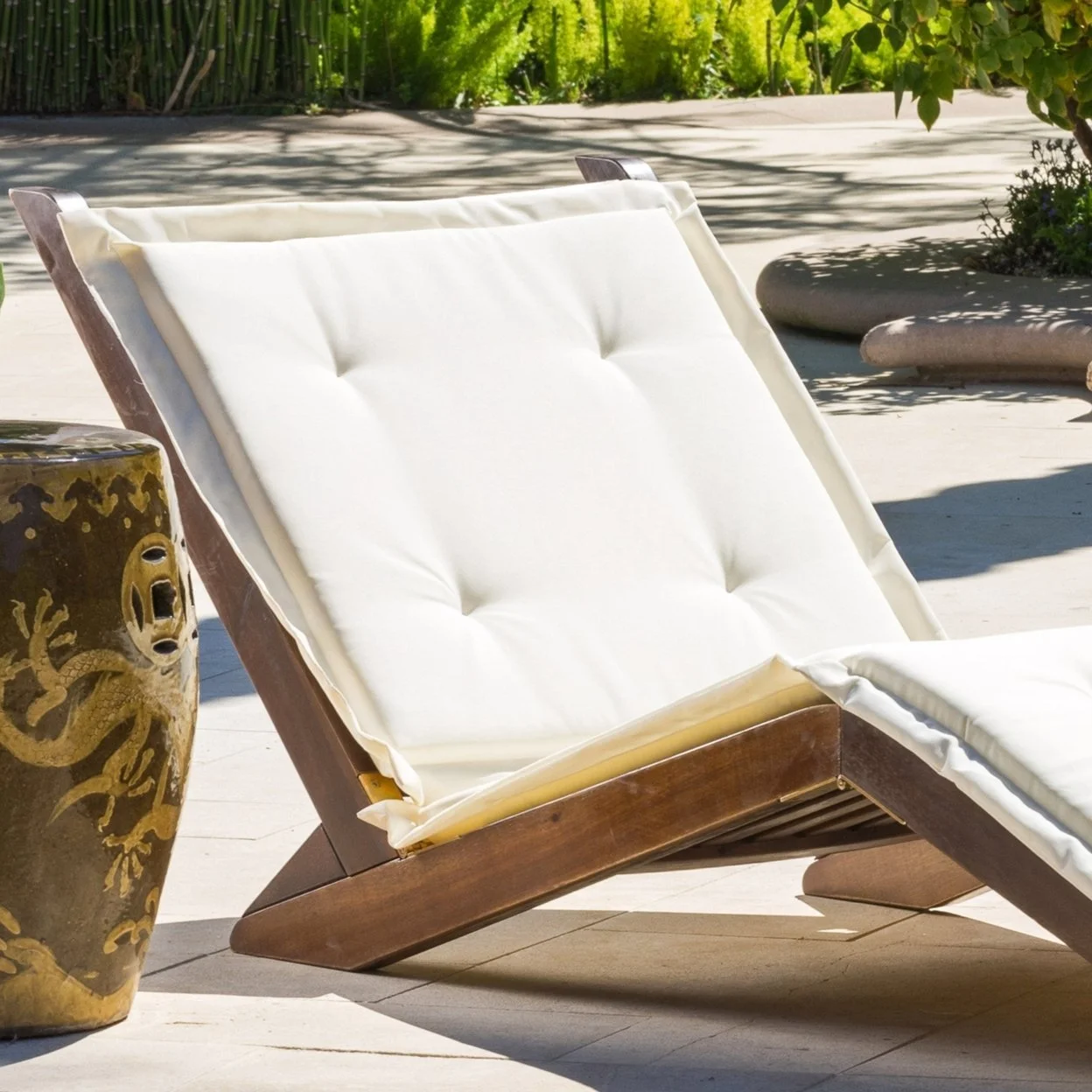 Midori Mahogany Wood Folding Chaise Lounger Chair with Cream Cushion