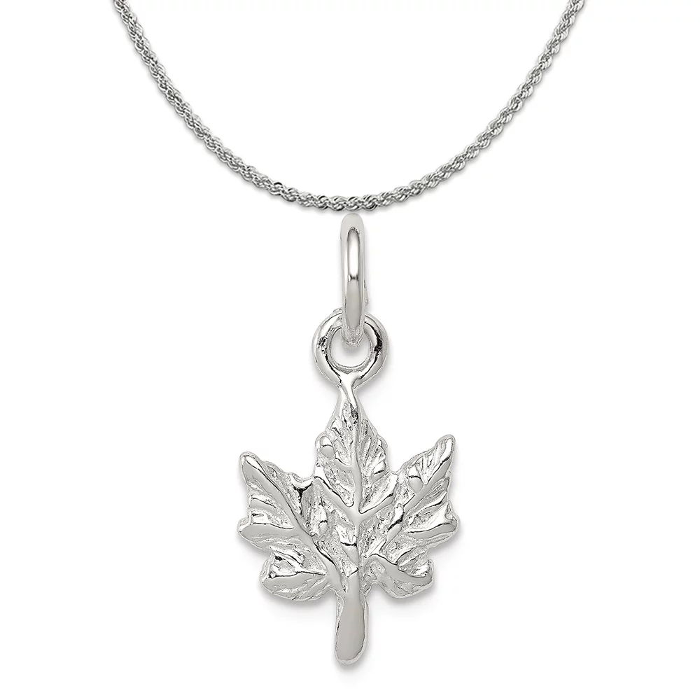Carat in Karats Sterling Silver Polished Finish Maple Leaf Charm Pendant (17mm x 11mm) With Sterling Silver Rope Chain Necklace 18''