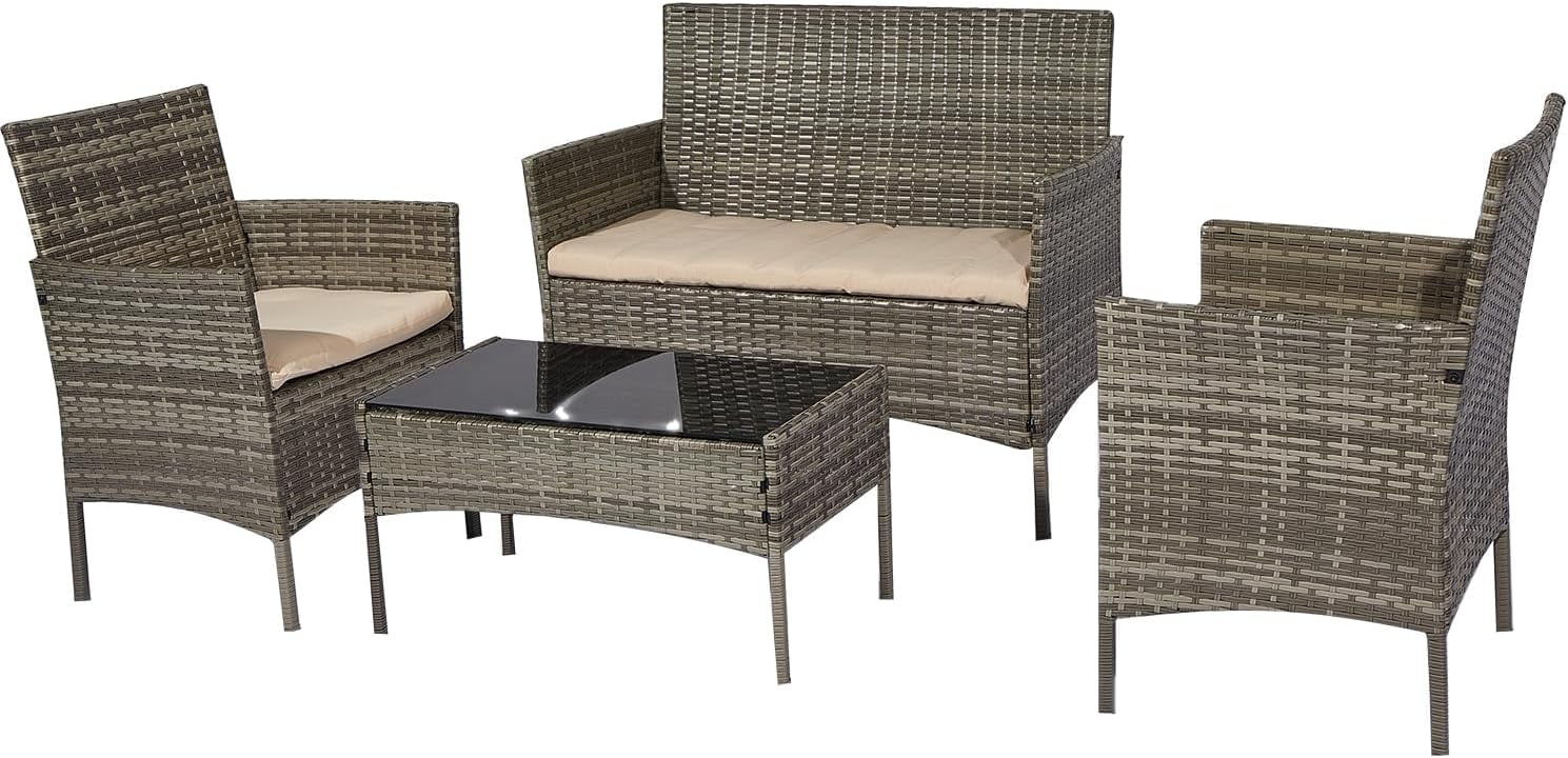 TJCGDTY VGYUIJN 4 Pieces Patio VGYUIJN Set  Outdoor Conversation Sets  Wicker Rattan Chairs for Garden Backyard Balcony Porch Poolside  Patio VGYUIJN with Glass VGYUIJN and Soft Cushions