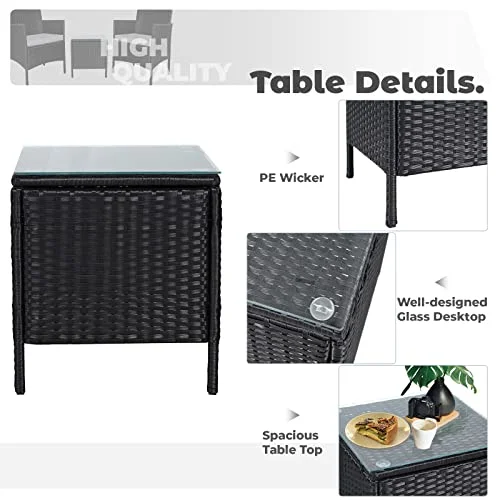 Incbruce 3 Piece Patio Chairs Outdoor Black Wicker Chair Small Patio Furniture, Front Porch Furniture Patio Chairs Set of 2 with Glass Top Coffee Table Patio Bistro Set (GreyThickened Cushion)