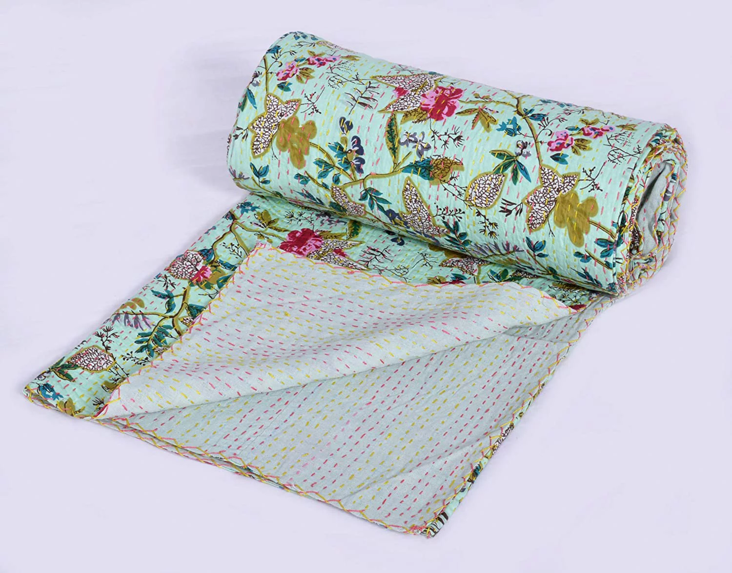 New Floral Print Kantha Quilt King Quilt Inidan Bedspread Kantha Blanket Indian Quilt Cotton Quilt Twin Kantha Bed Cover Queen Quilt