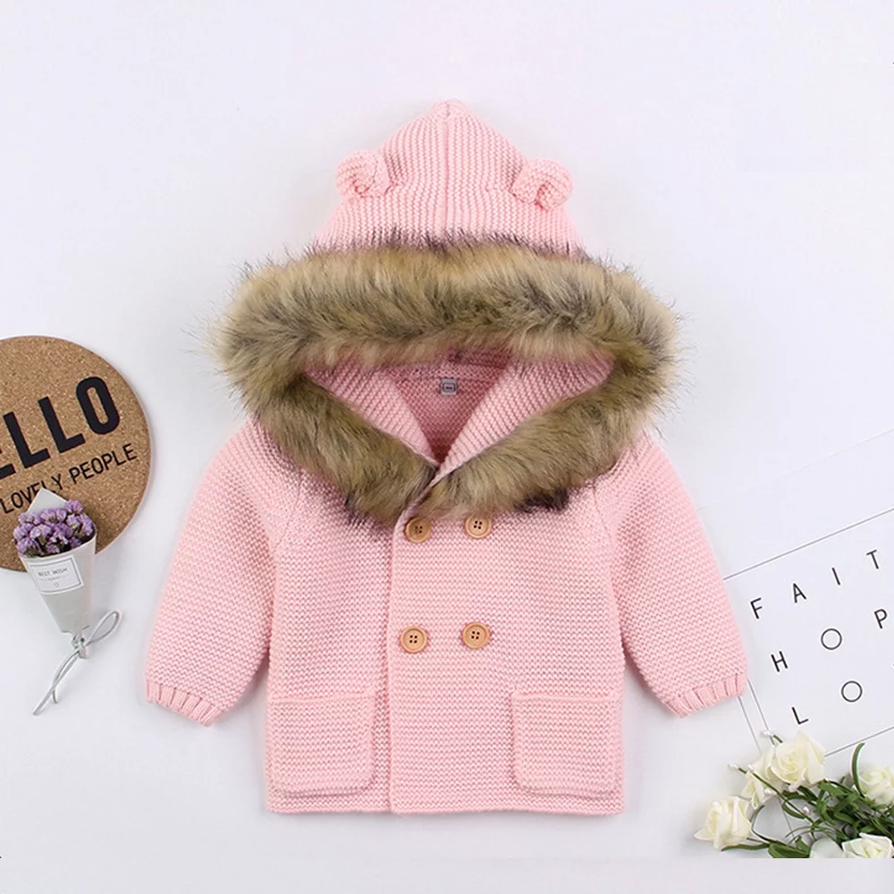 Toddler Boys Girls Winter Knitted Cardigan Jacket with Hood Cute Bear Ear Fall Sweater Outwear