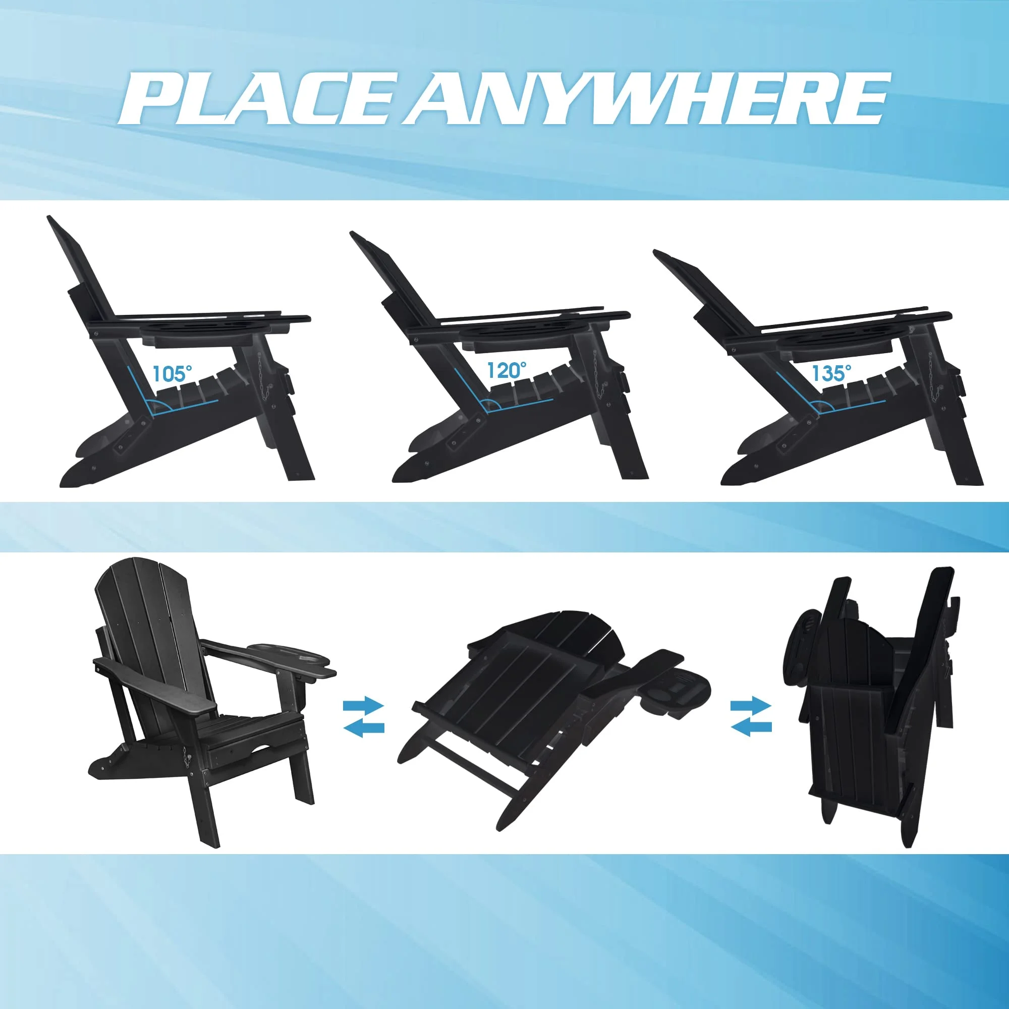 2PCS Folding Adirondack Chair with Retractable Ottoman, HDPE All-Weather Resistant Adjustable Backrest Adirondack Chair w/4 in 1 Cup Holder Trays, Black