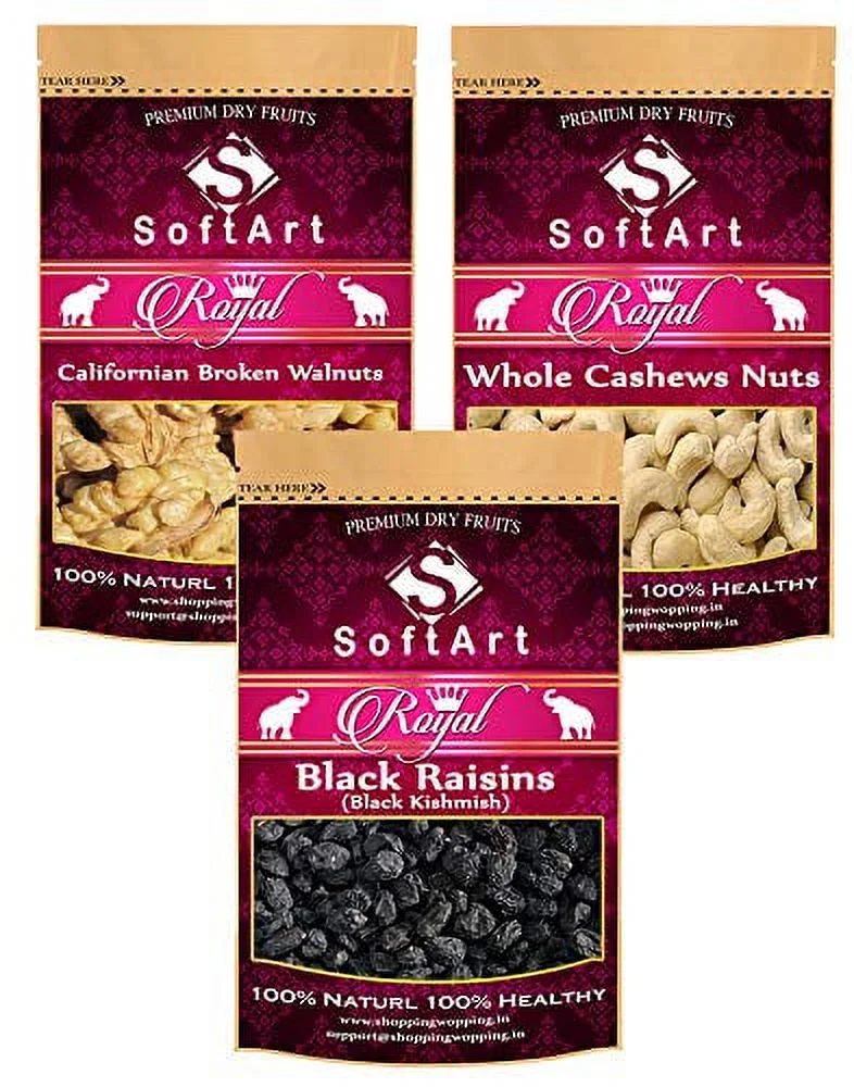 Softart Royal Californian Broken Walnuts, Whole Cashews Nuts & Black Kishmish (Black Raisins) (250G Each) Vacuum Pack
