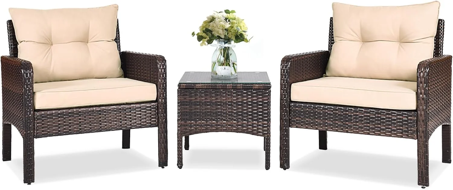 Patio Furniture Set - PE Rattan Wicker Chairs W/Glass Top Coffee Table & Thick Cushions, Bistro Sofa Set For Deck Porch Balcony Garden, Conversation Outdoor Furniture (Turquoise)