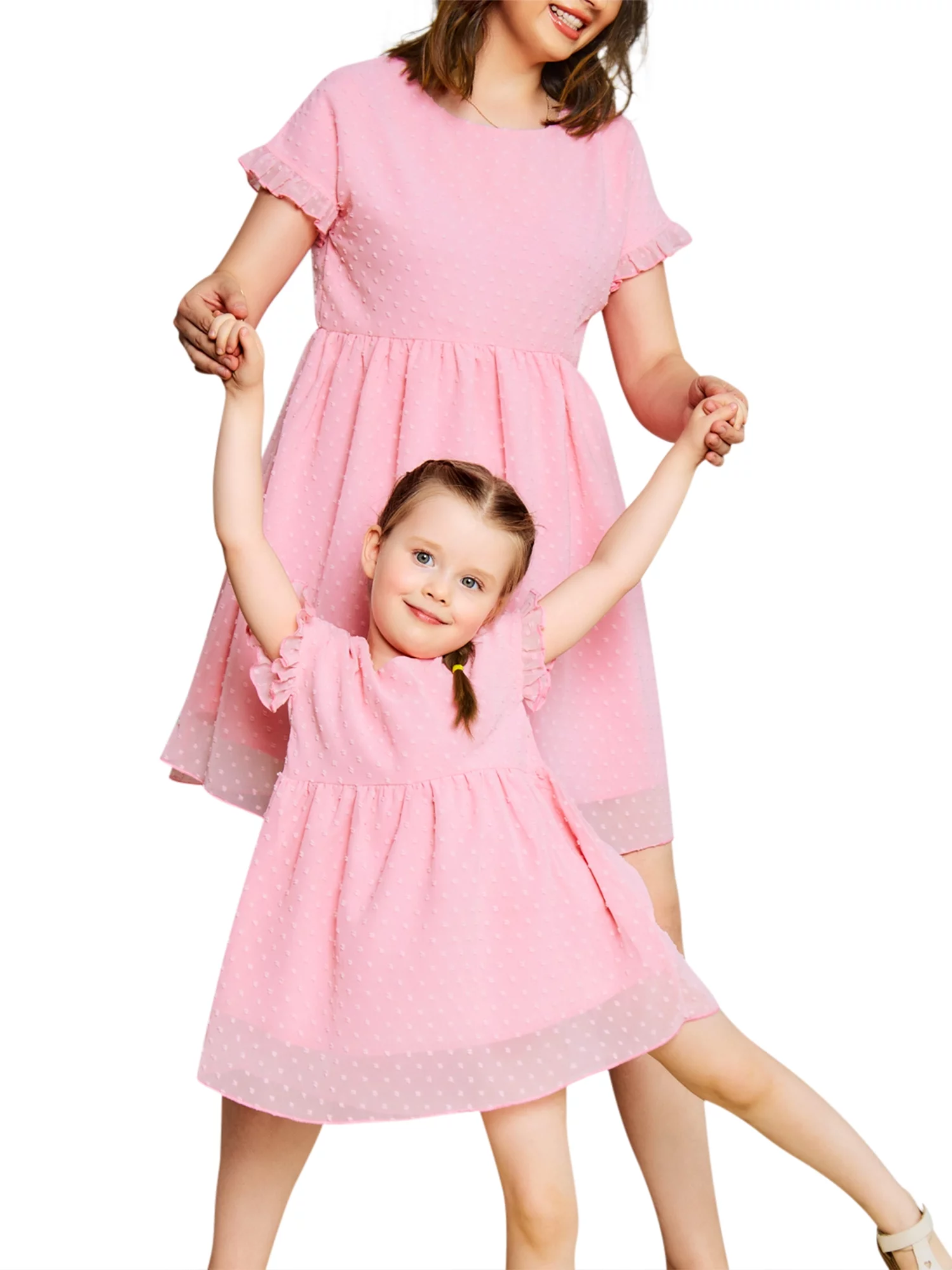 Shuttle tree Mommy and Me Dress Summer Swiss Dot Loose Short Sleeve A-line Mini Dress Mom Daughter Family Matching Outfits