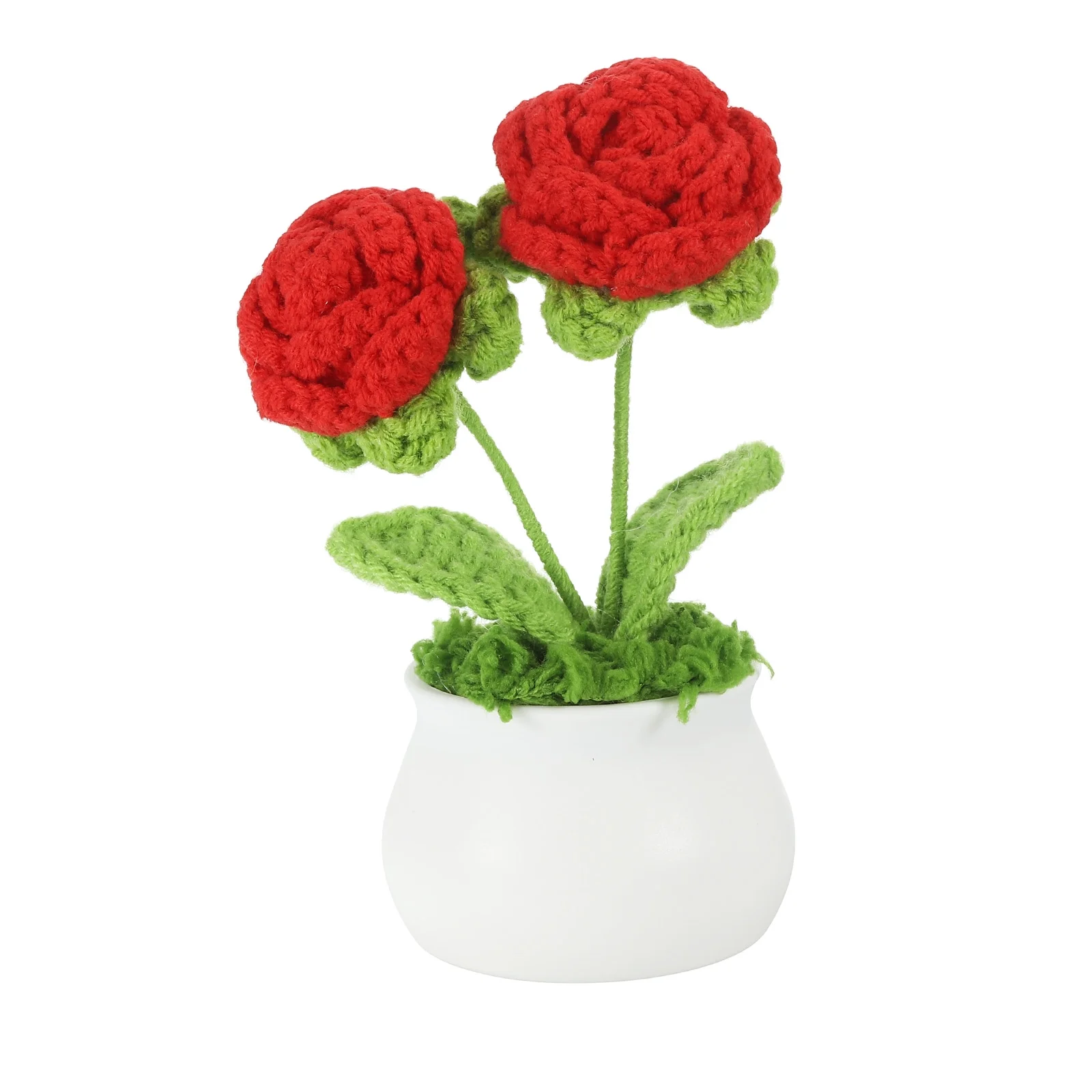 Uxcell Crochet Flowers Potted, 2 Head Rose Flower Handmade Knitted Mini Potted Plants, Red