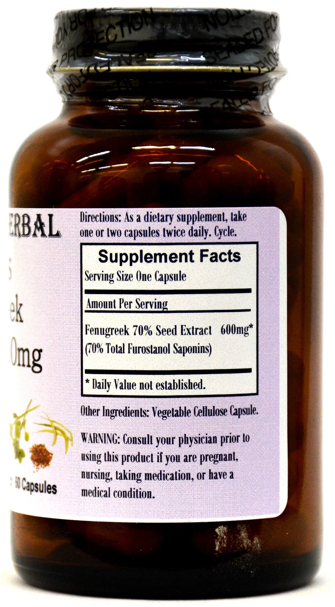 Fenugreek Extract - 70% Furostanol Saponins - 60 600mg VegiCaps - Stearate Free, Bottled in Glass! FREE SHIPPING on orders over $49!