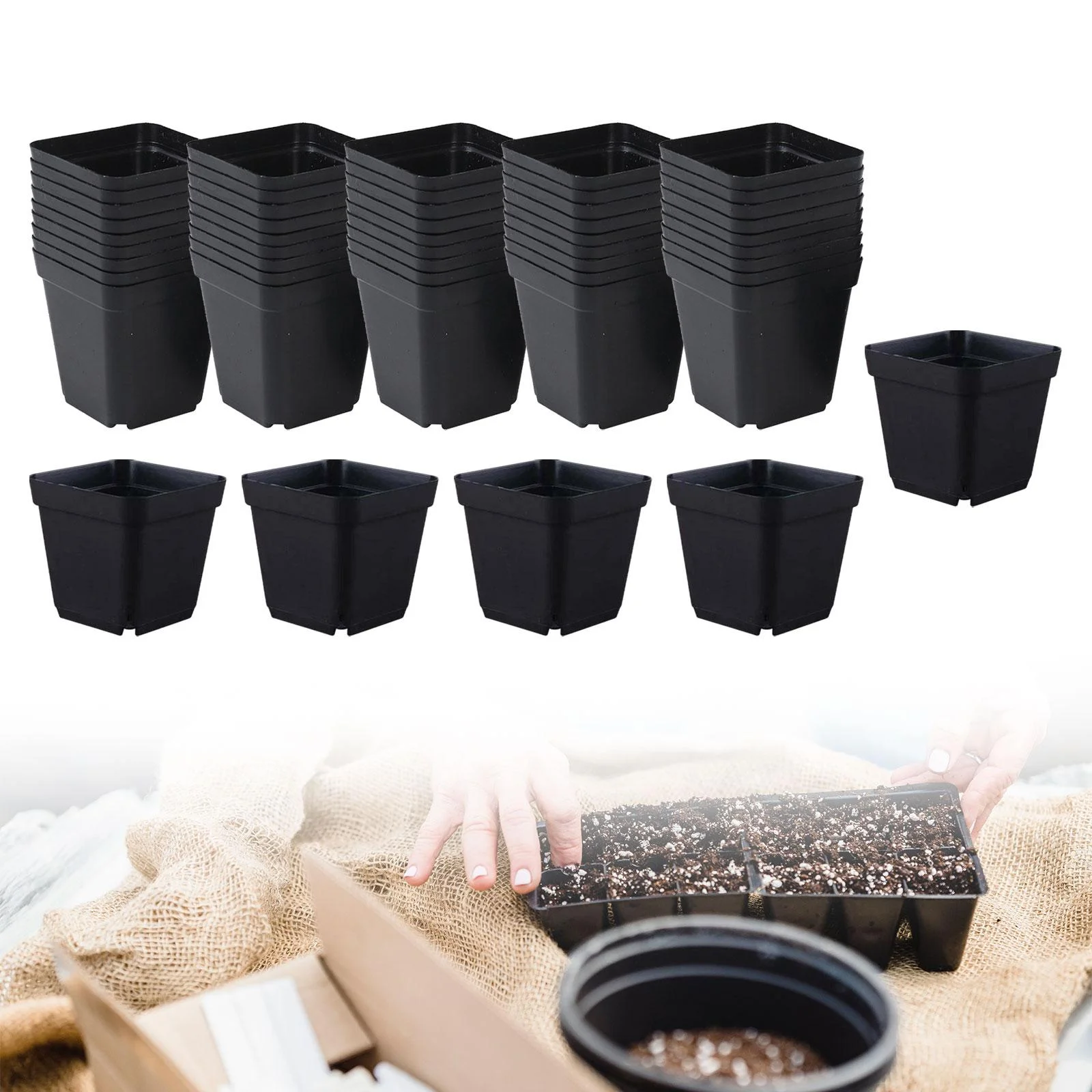 50 Pieces Nursery Pots Seedling Flower Plant Container Flower Planter Square Pp Black Seed Starting Pot  Table Office