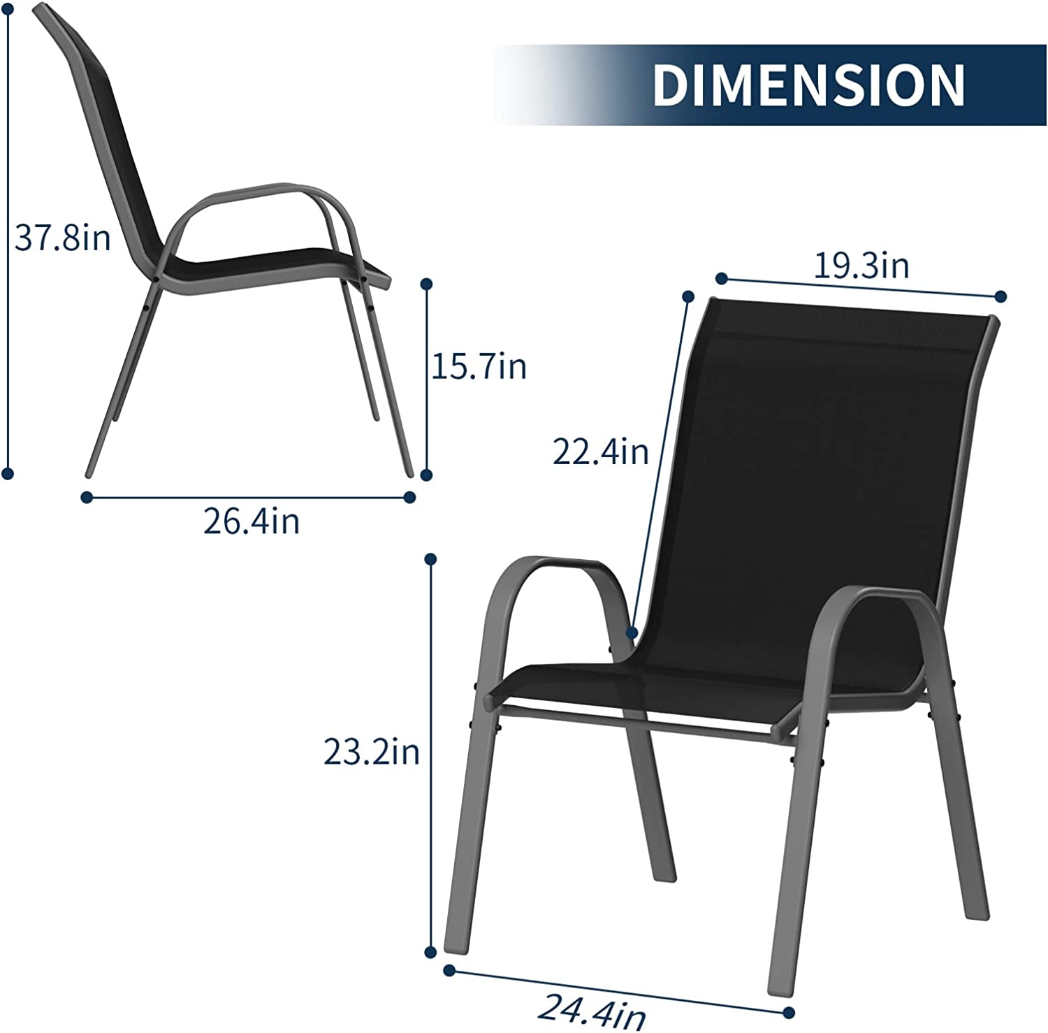 Amopatio Patio Chairs Set of 6, Outdoor Stackable Dining Chairs for All Weather, Black, Breathable Garden Outdoor Furniture for Backyard Deck